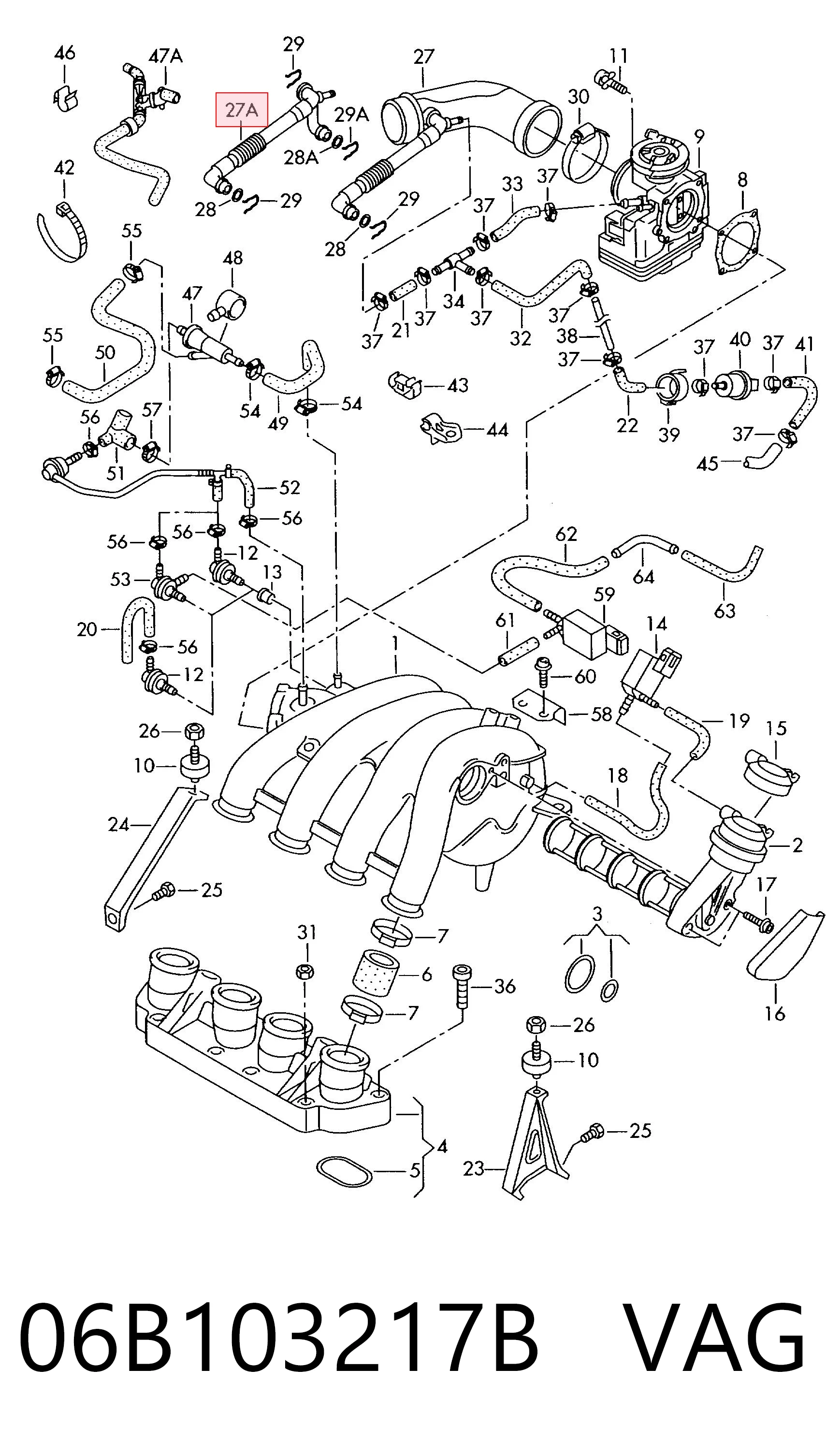 06B103217B VAG Cano derivado de ventilação de cárter (de separador de óleo)