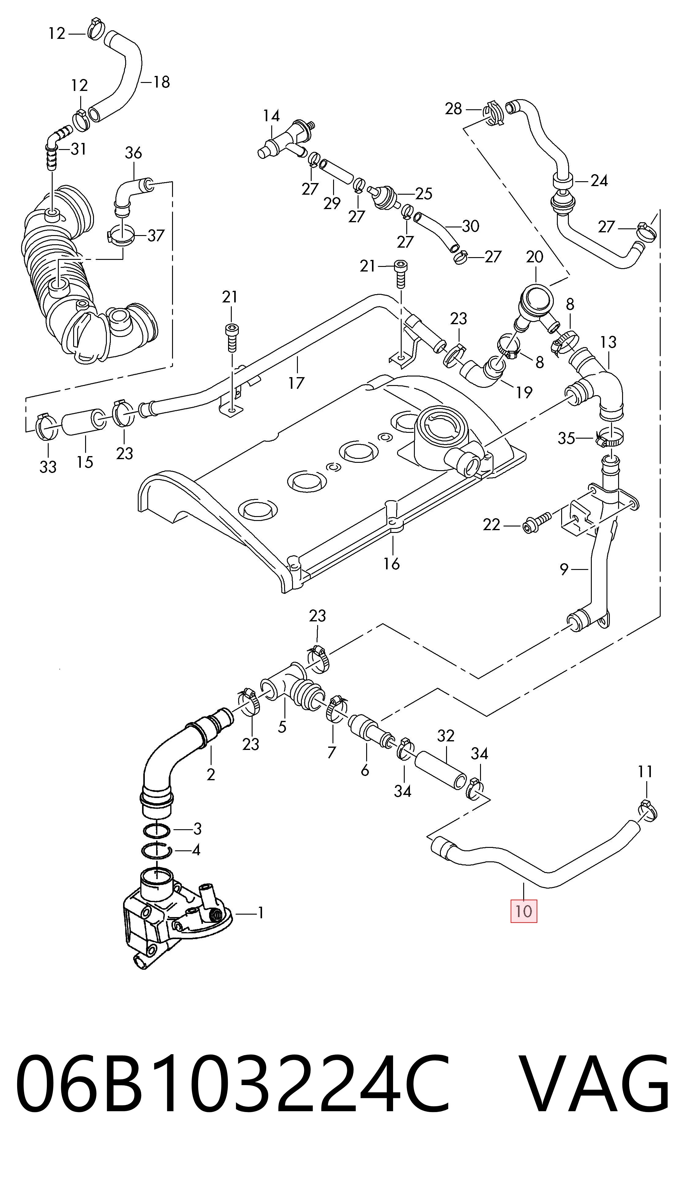 06B103224C VAG Cano derivado de ventilação de cárter (de separador de óleo)