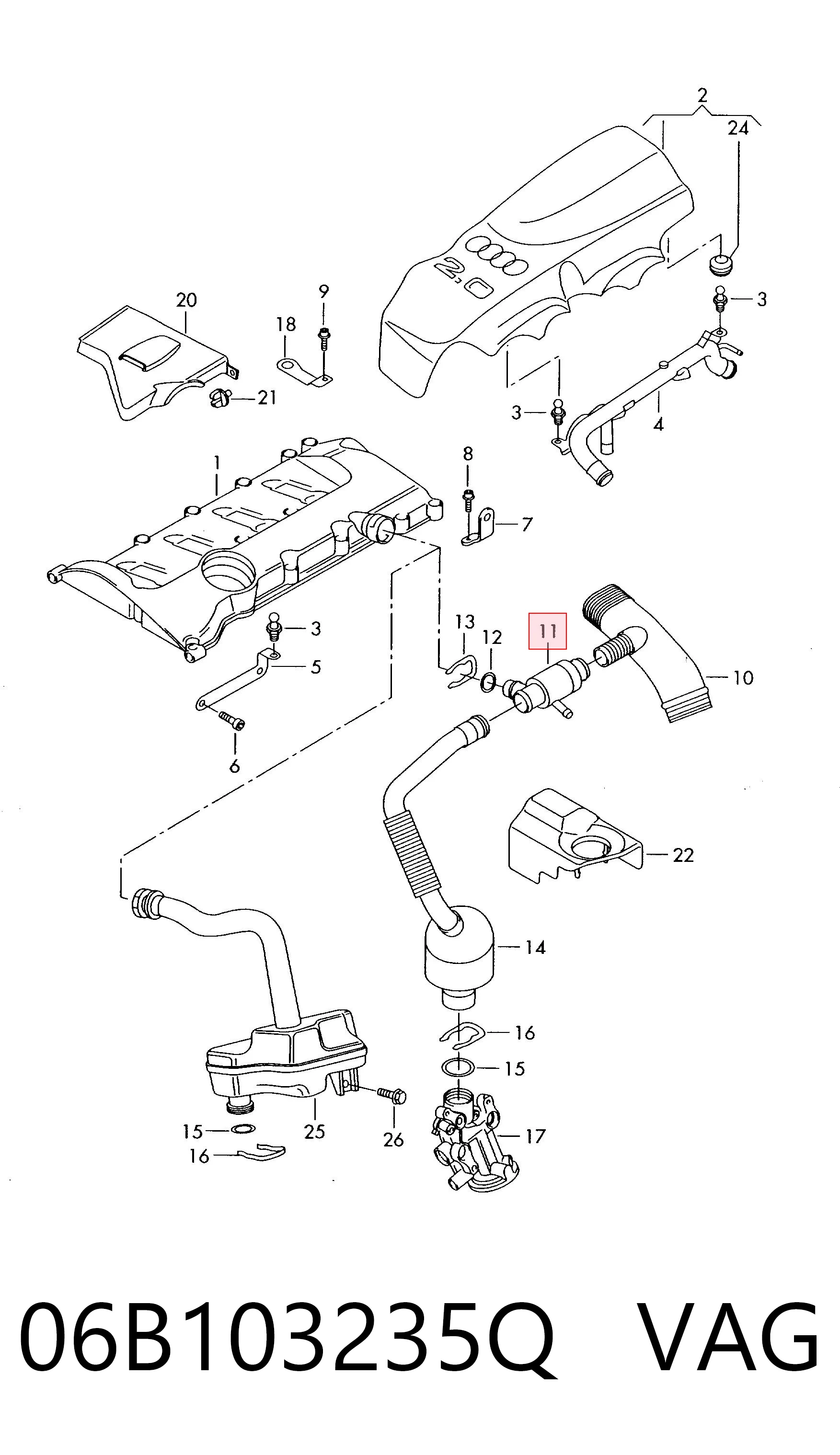 Cano derivado de ventilação de cárter (de separador de óleo) 06B103235Q VAG