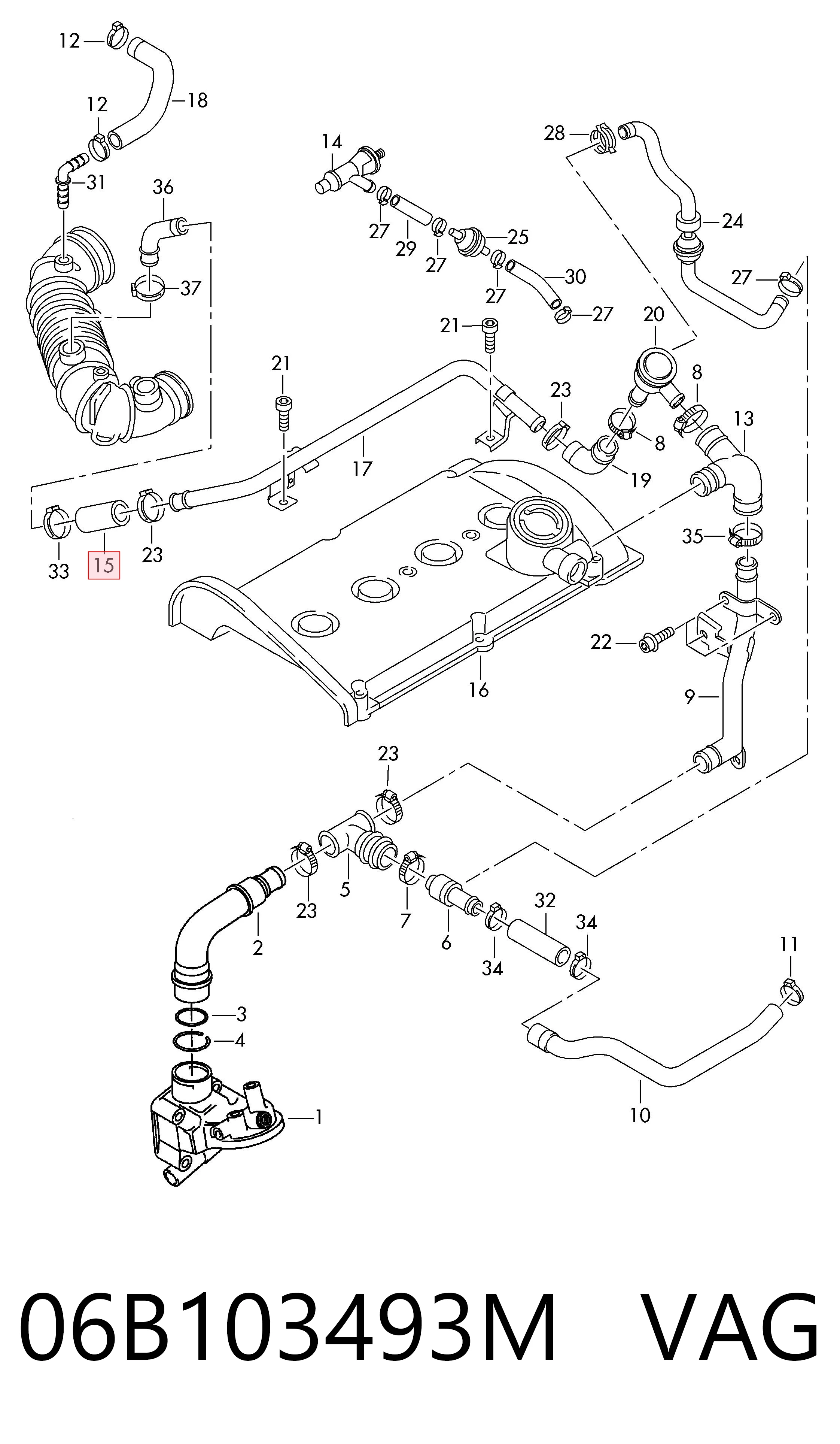 06B103493M VAG Cano derivado de ventilação de cárter (de separador de óleo)