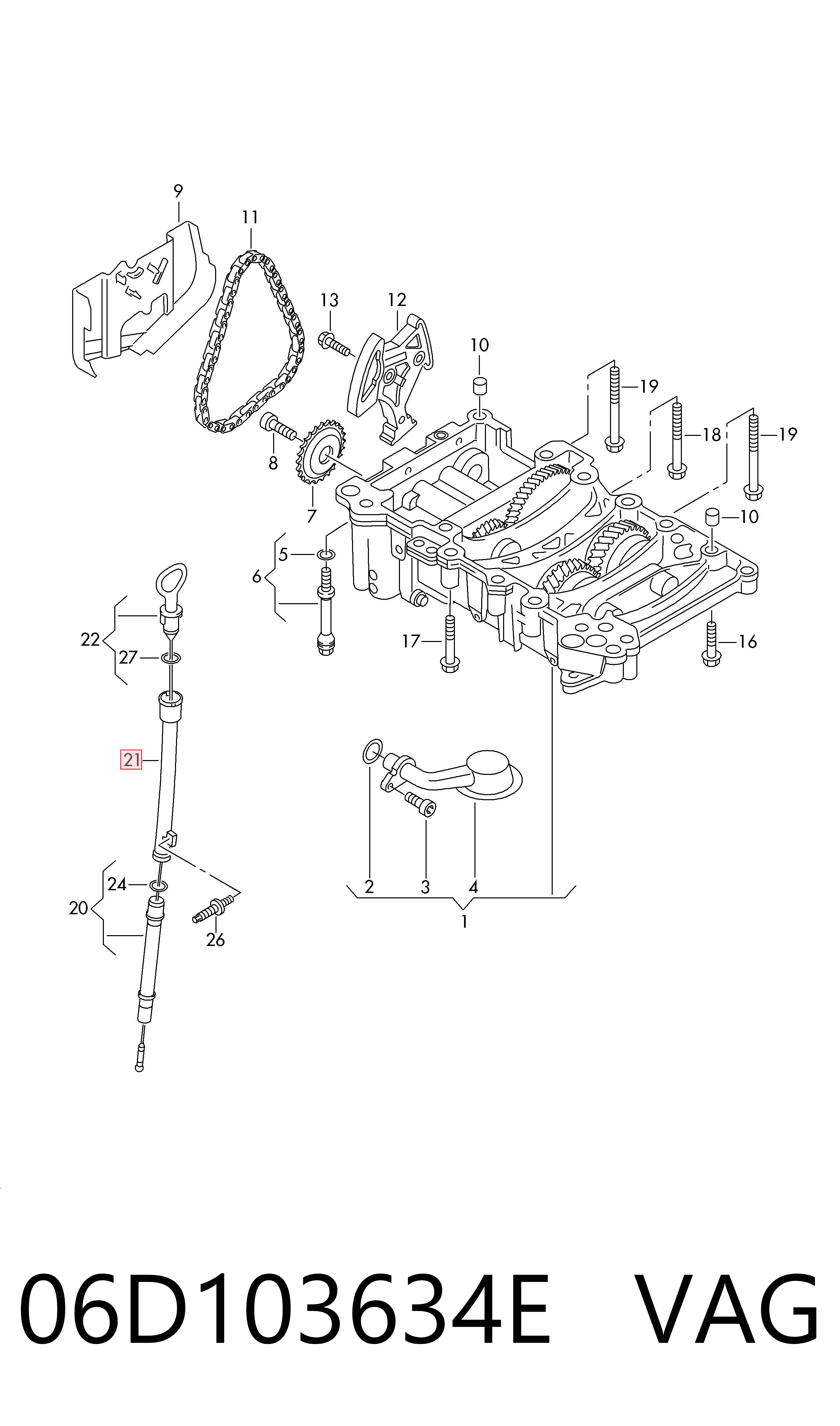 06D103634E VAG Guia de sonda indicador do nível de óleo no motor