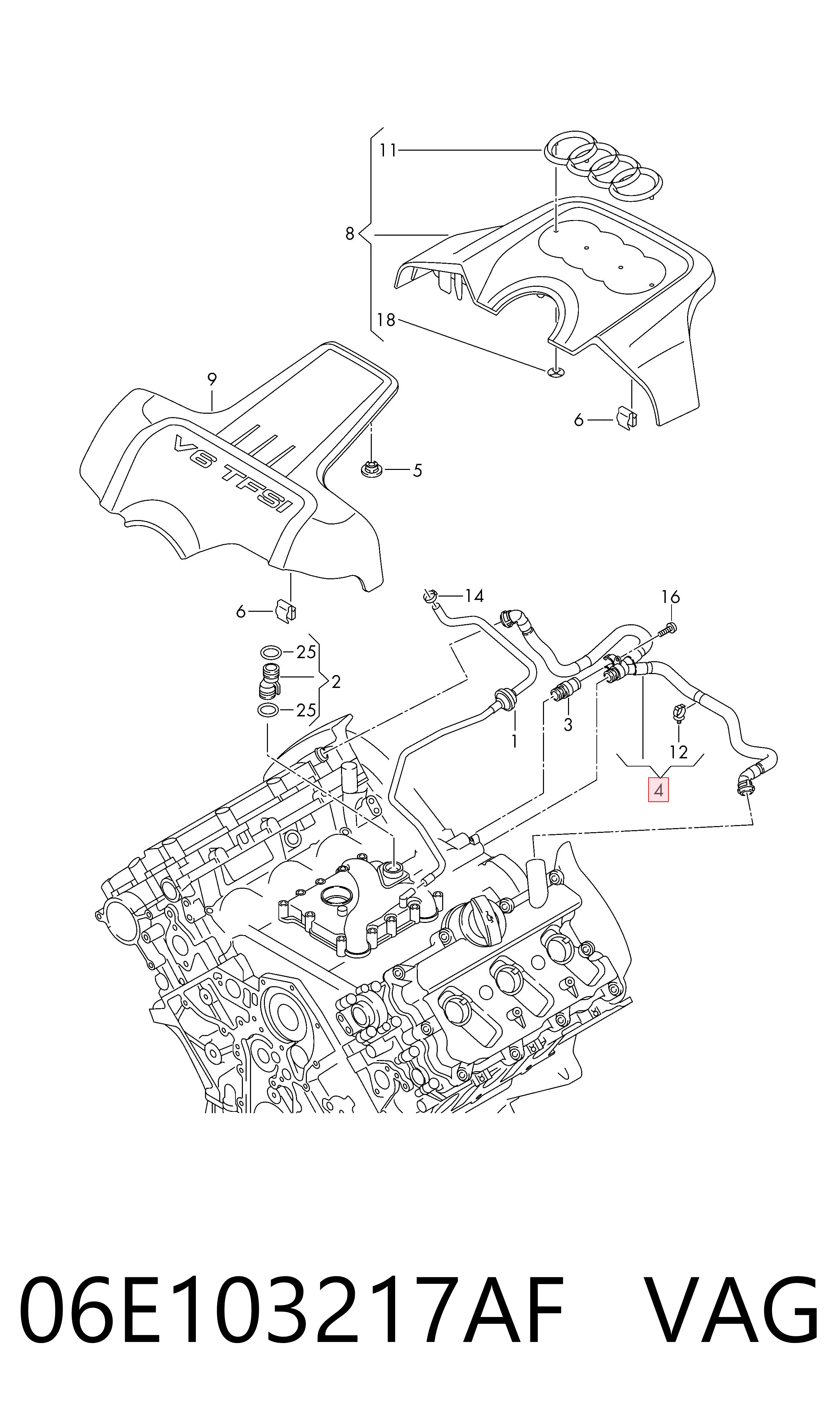 06E103217AF VAG Cano derivado de ventilação de cárter (de separador de óleo)