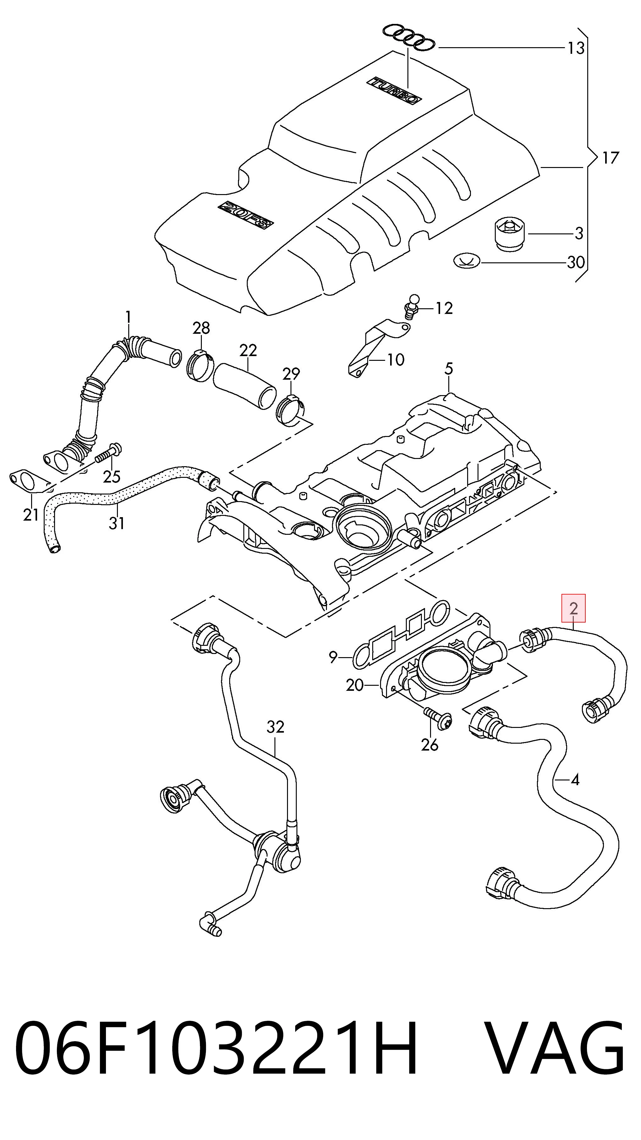 06F103221H VAG Cano derivado de ventilação de cárter (de separador de óleo)