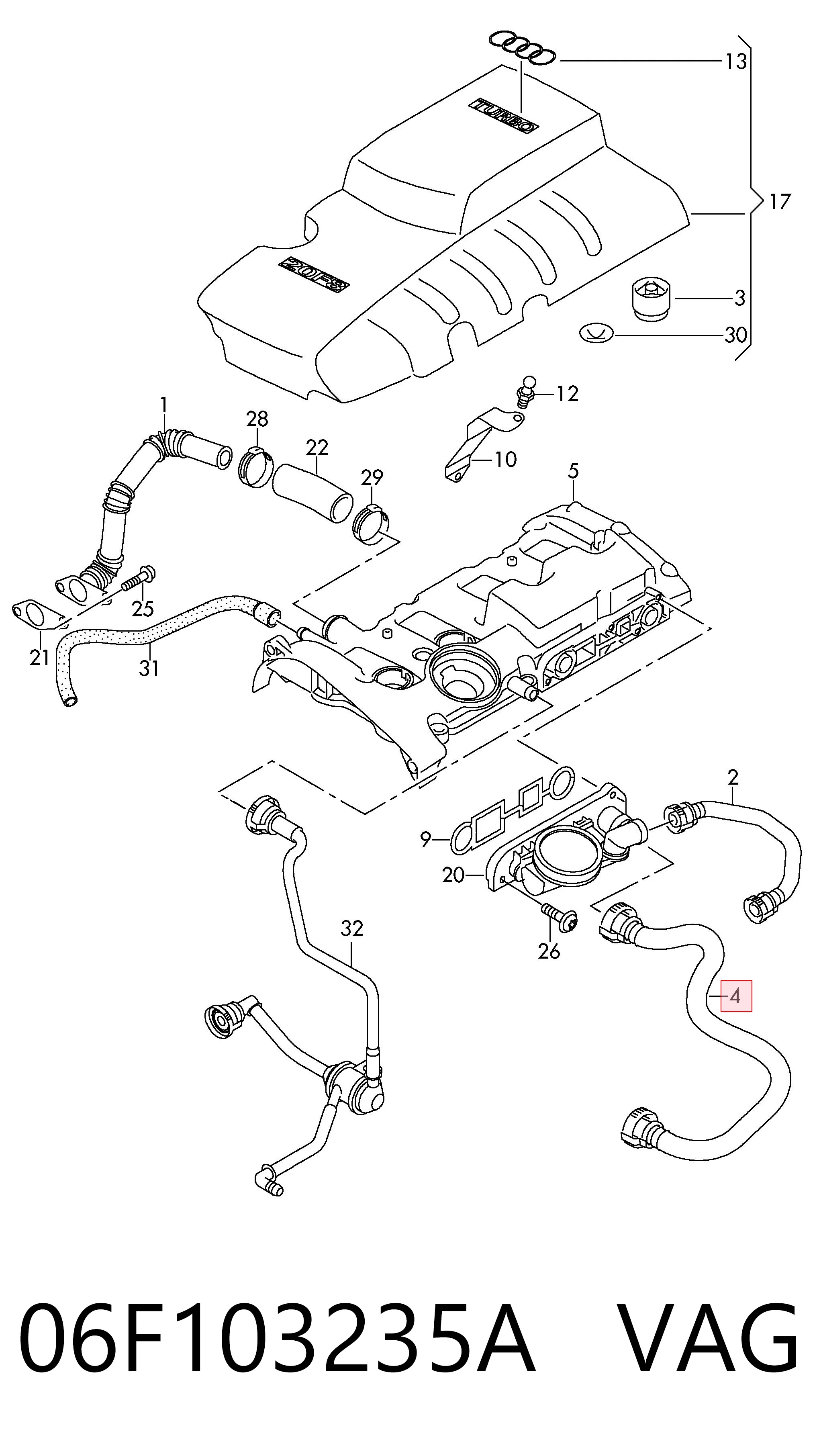 06F103235A VAG Cano derivado de ventilação de cárter (de separador de óleo)