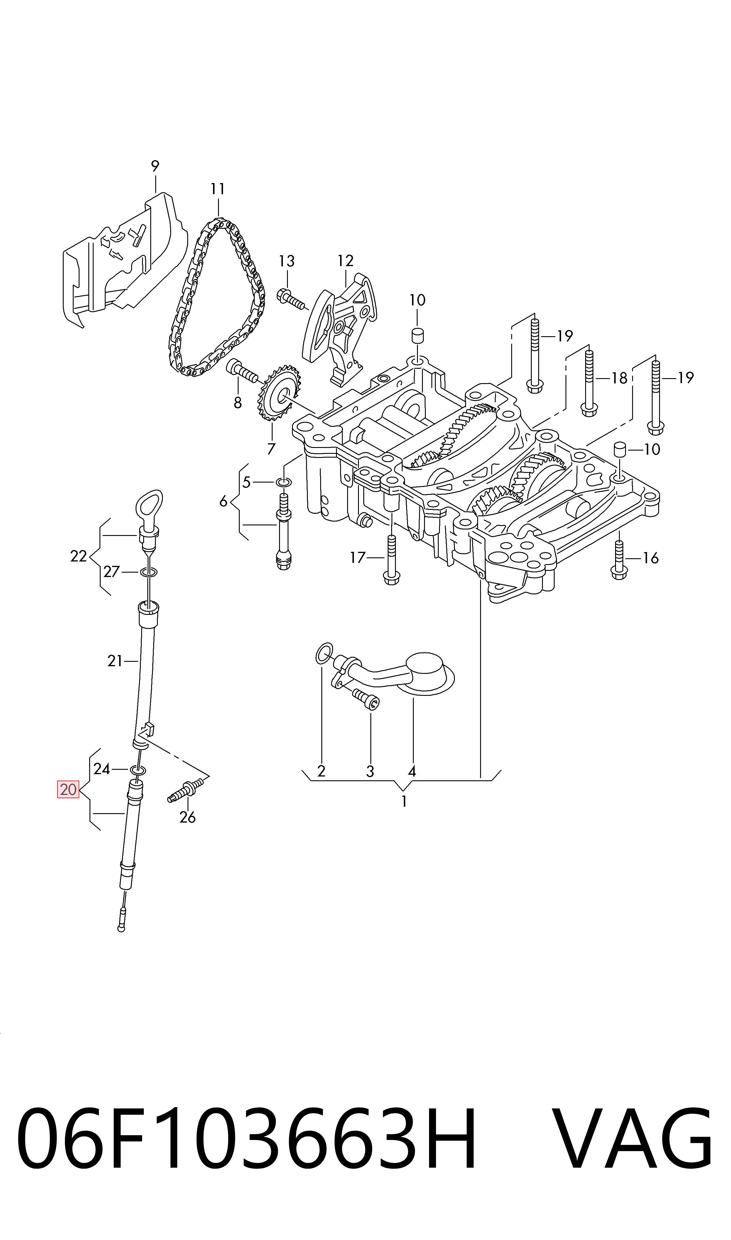 06F103663H VAG Guia de sonda indicador do nível de óleo no motor