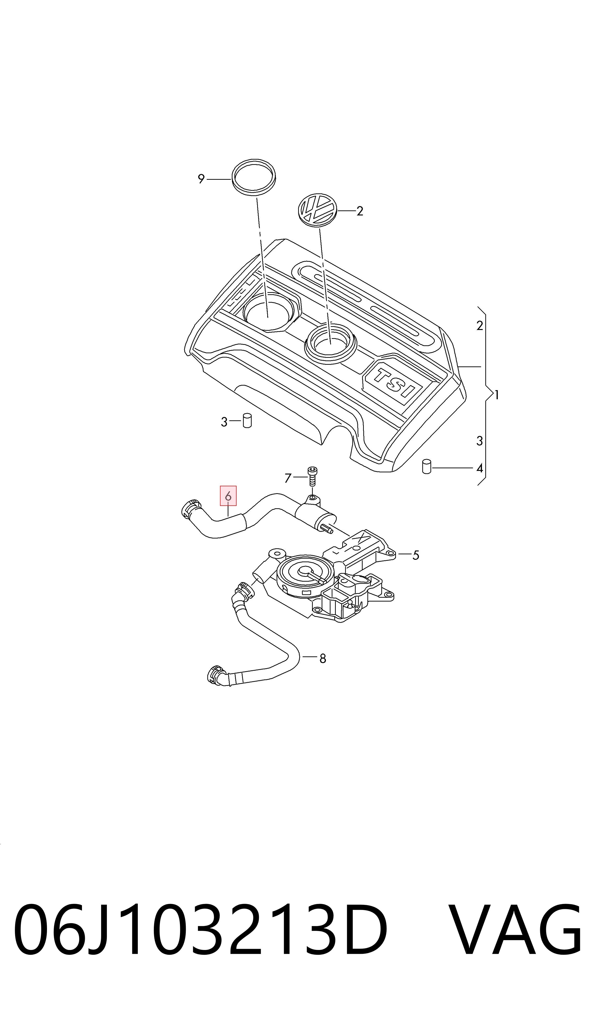 06J103213D VAG Cano derivado de ventilação de cárter (de separador de óleo)