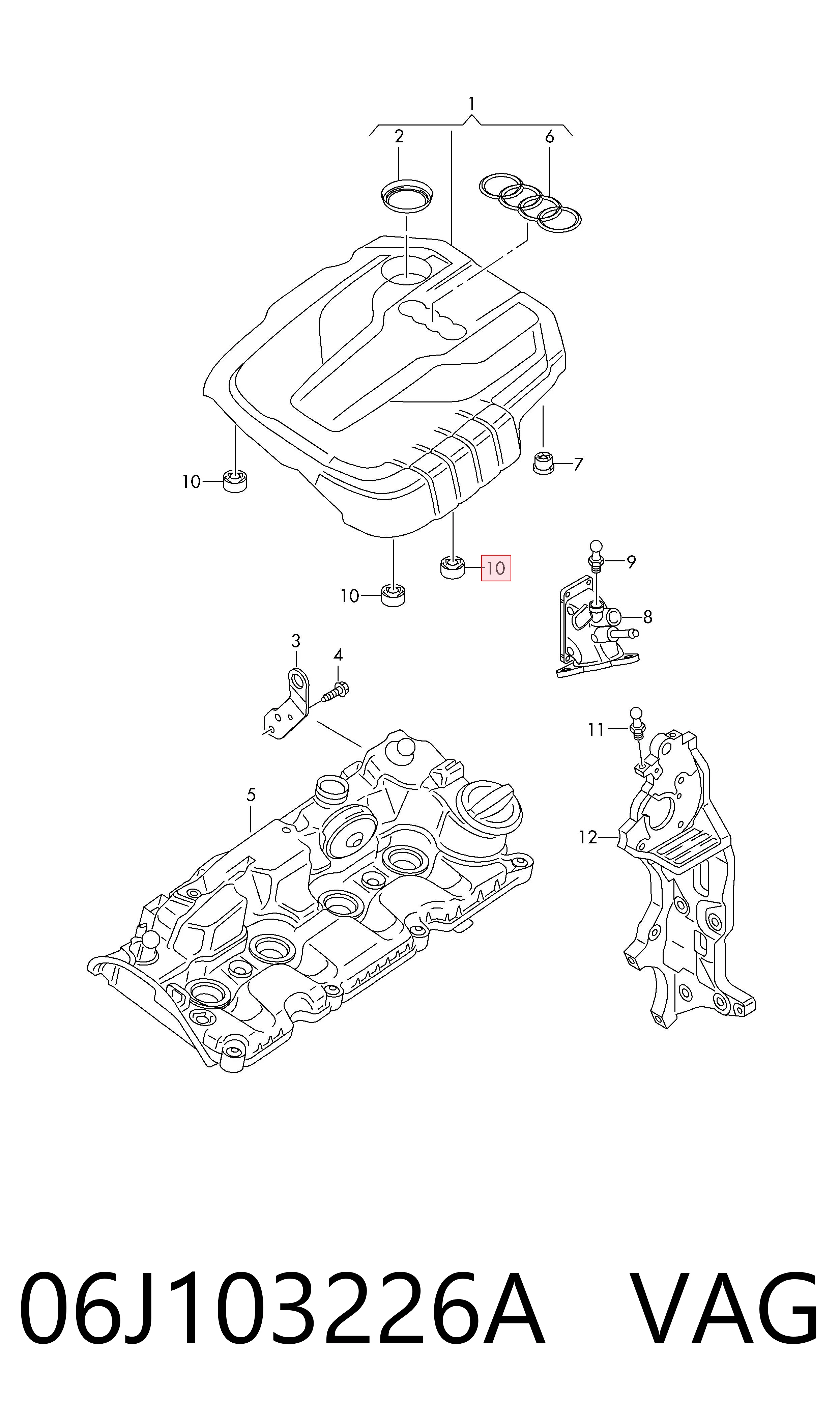 06J103226A VAG Coxim de tampa decorativa de motor