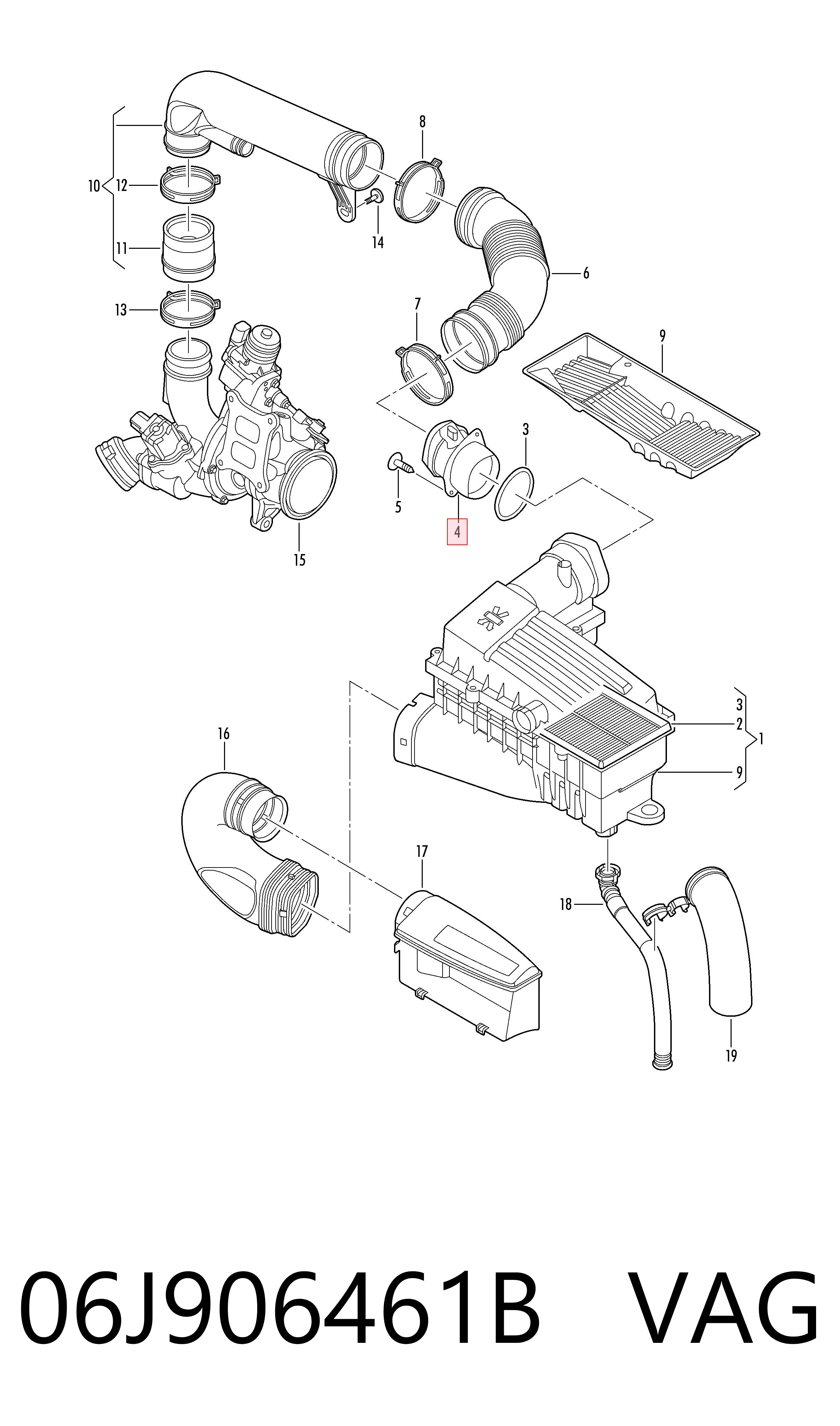 06J906461B VAG Sensor de fluxo (consumo) de ar, medidor de consumo M.A.F. - (Mass Airflow)