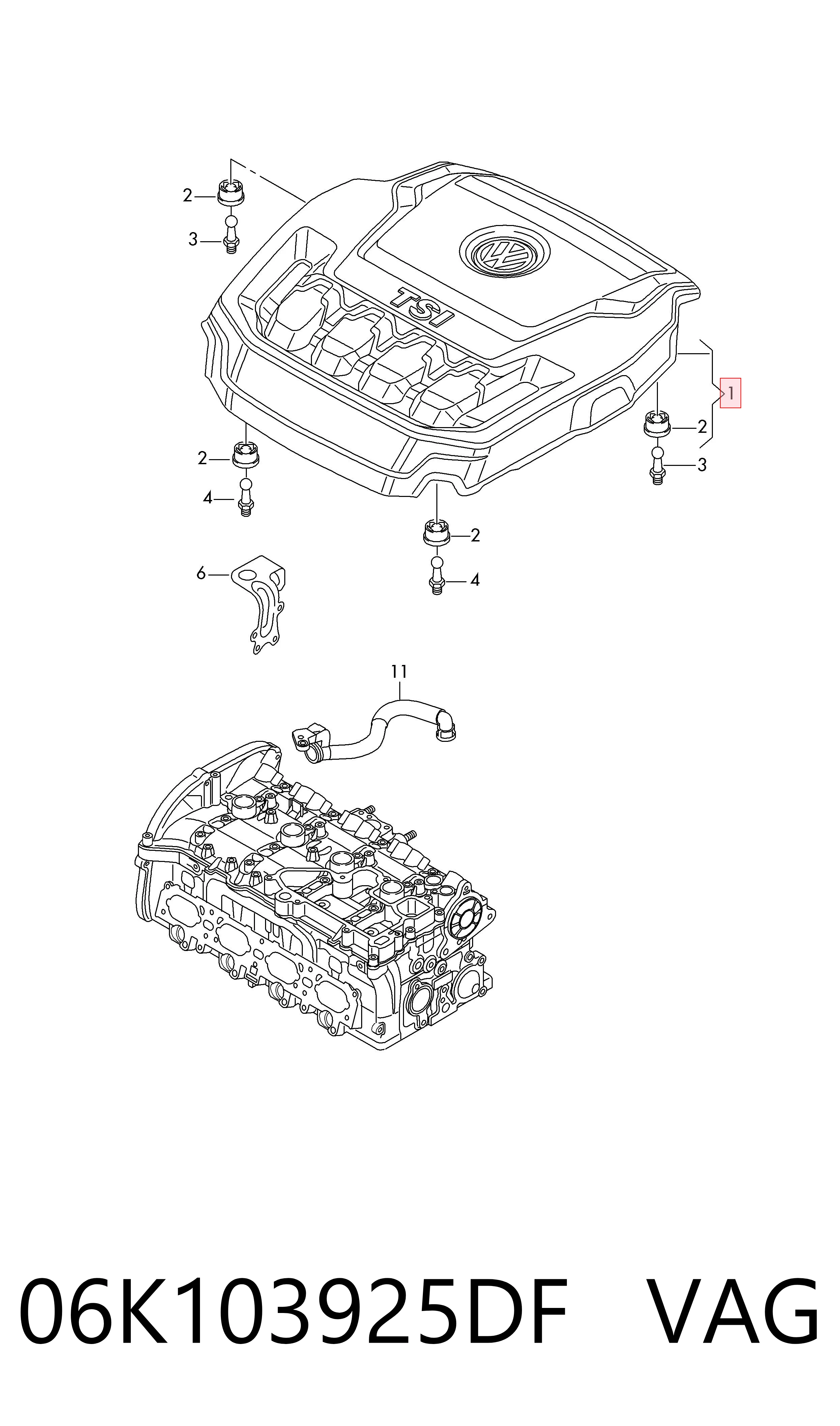 06K103925DF VAG Tampa de motor decorativa