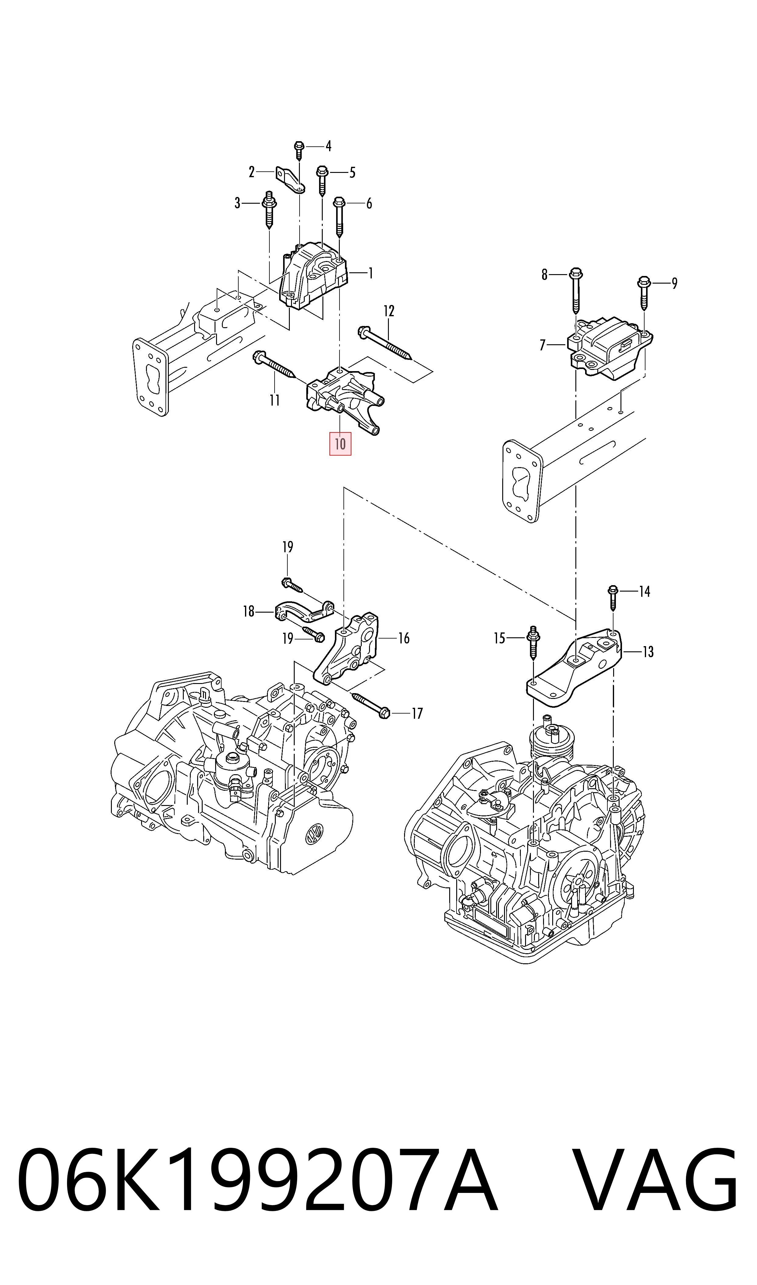 06K199207A VAG Consola de coxim (apoio) direita de motor