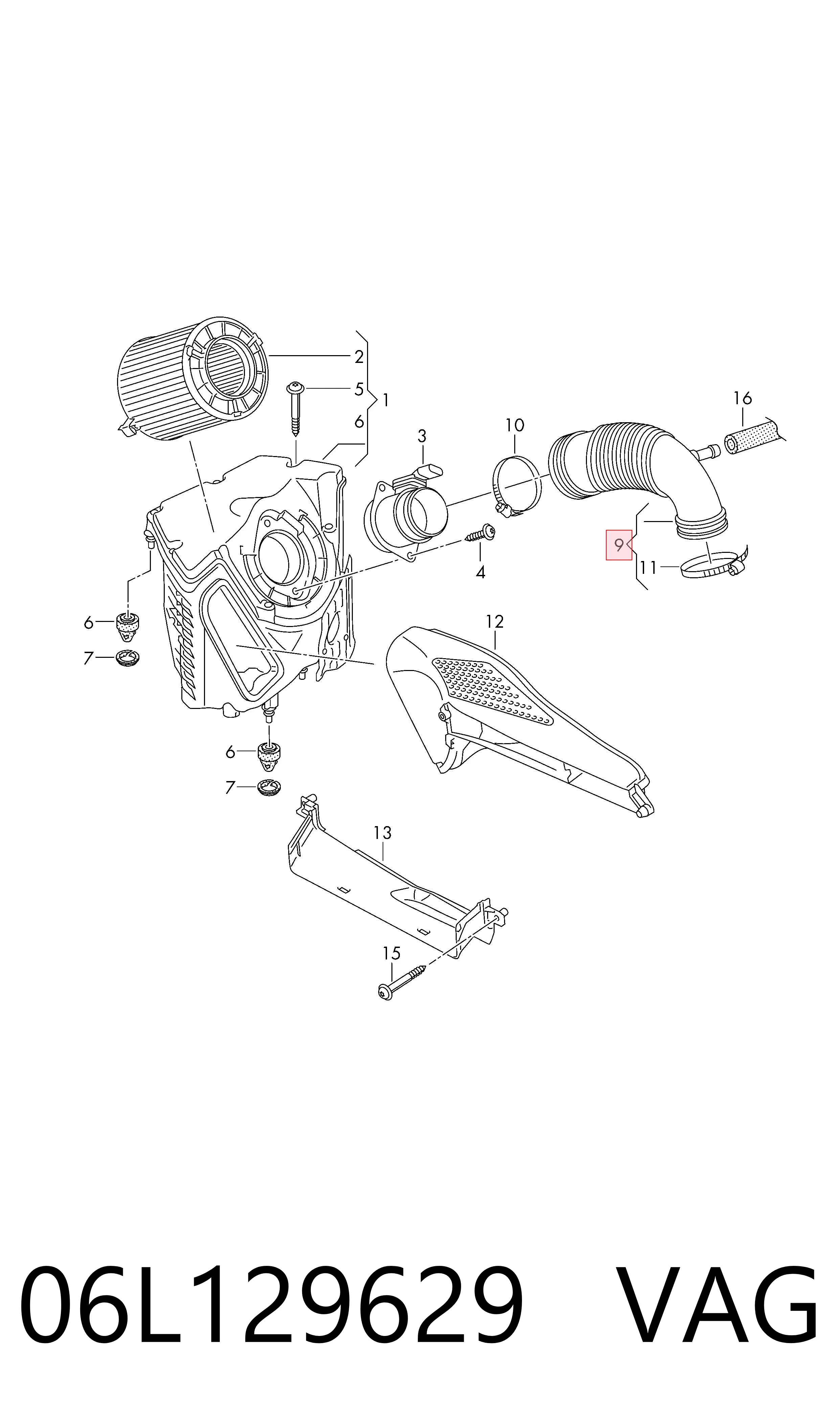 06L129629 VAG Cano derivado de ar, saída de filtro de ar