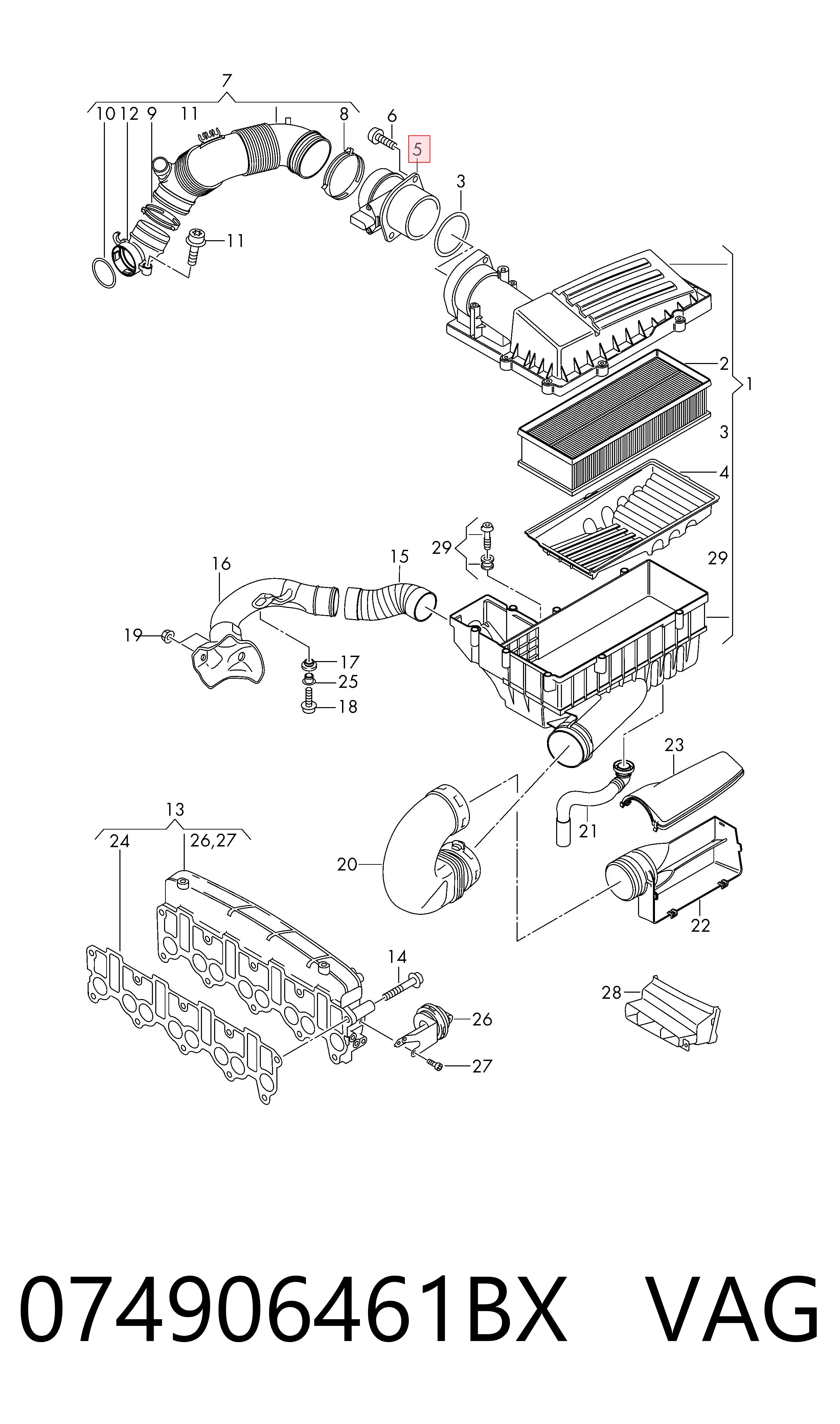 074906461BX VAG Sensor de fluxo (consumo) de ar, medidor de consumo M.A.F. - (Mass Airflow)