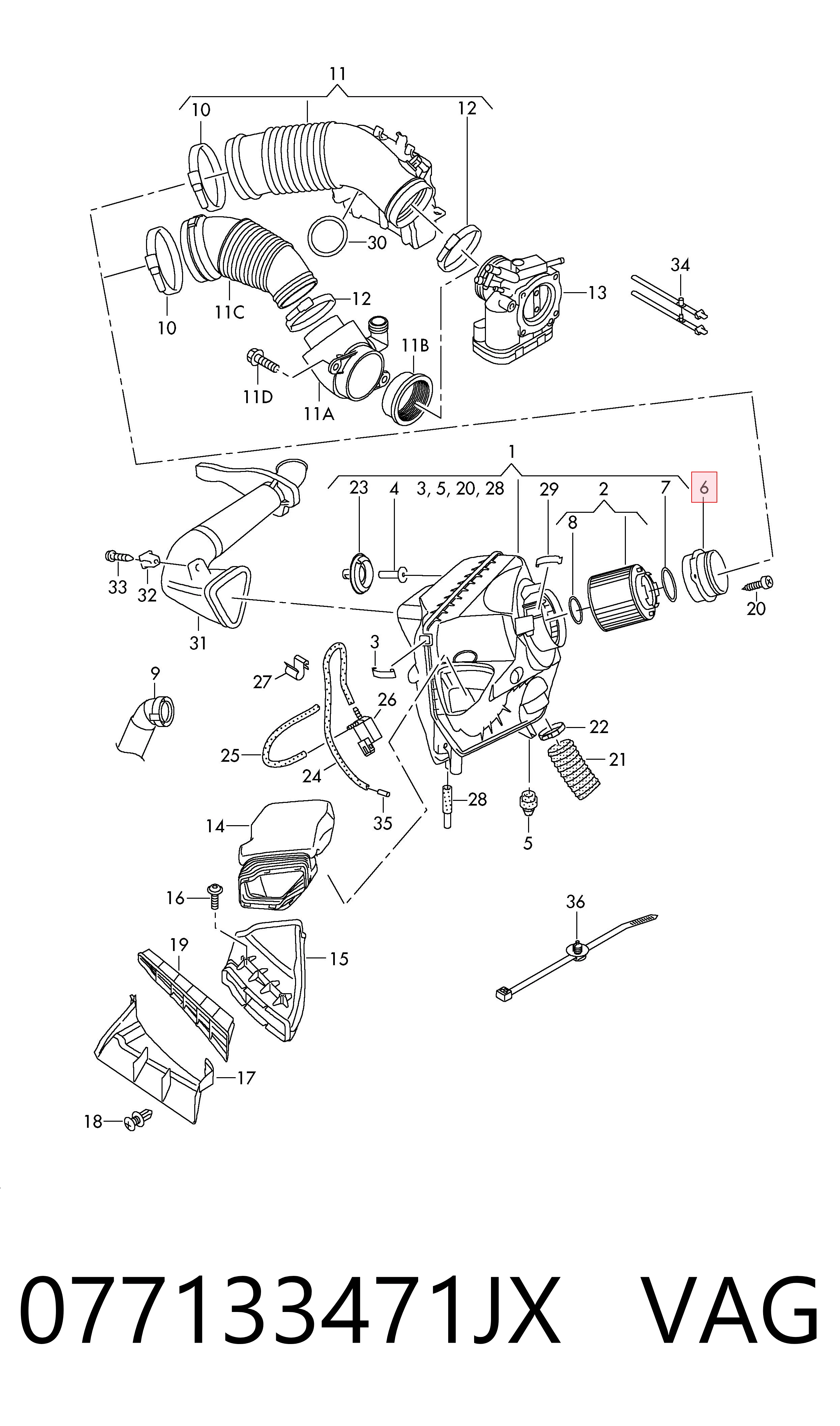 077133471JX VAG Sensor de fluxo (consumo) de ar, medidor de consumo M.A.F. - (Mass Airflow)