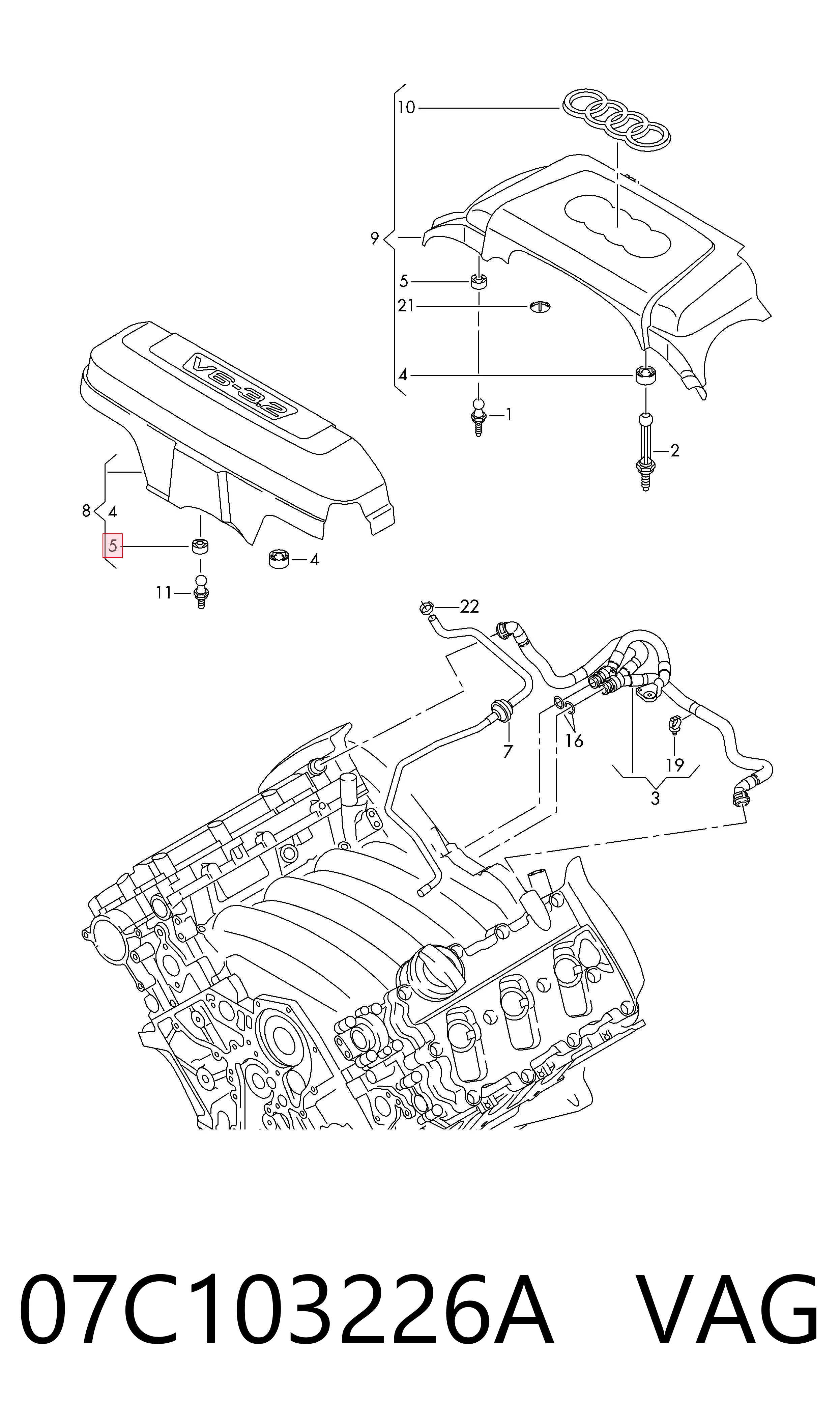 07C103226A VAG Coxim de tampa decorativa de motor