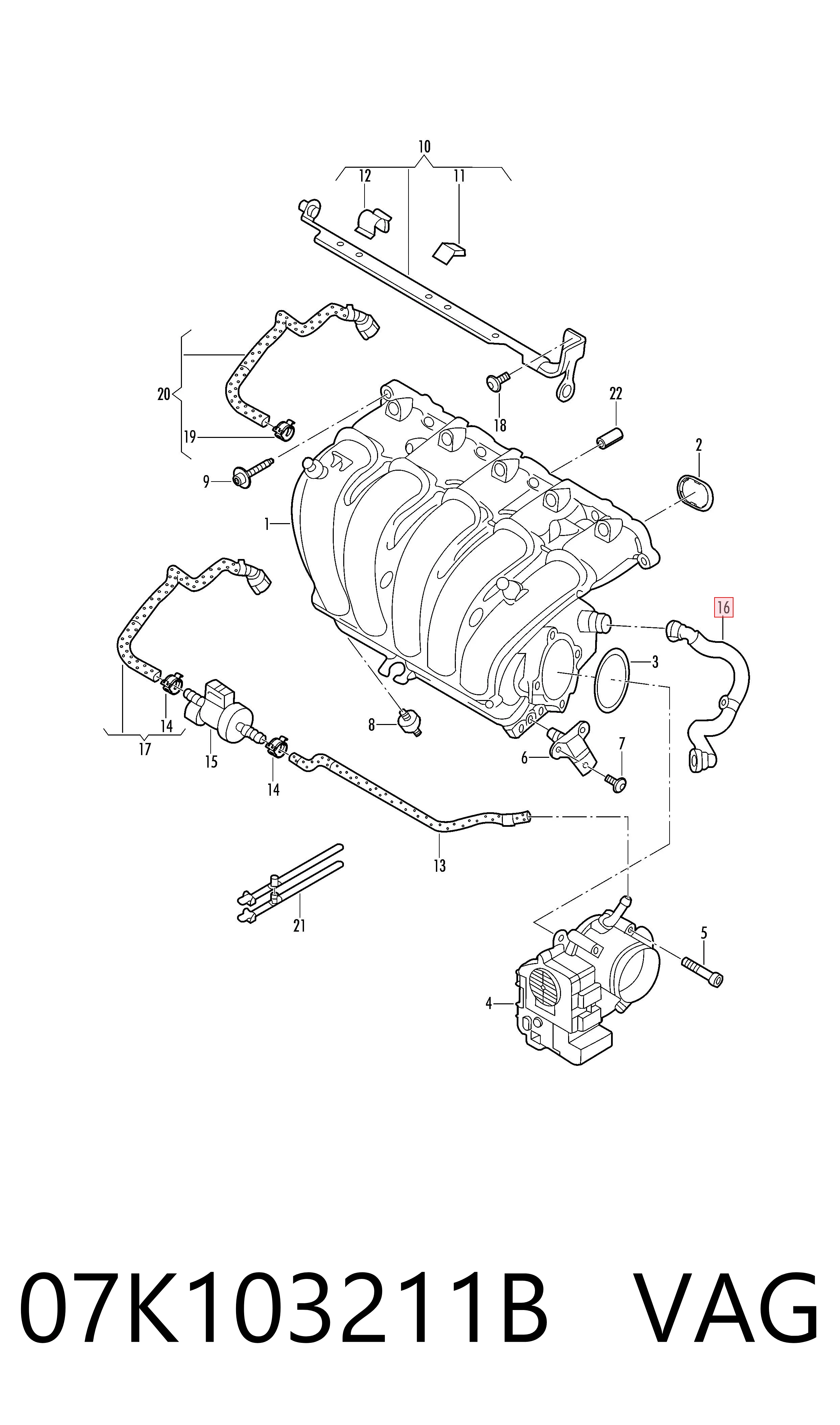 07K103211B VAG Cano derivado de ventilação de cárter (de separador de óleo)
