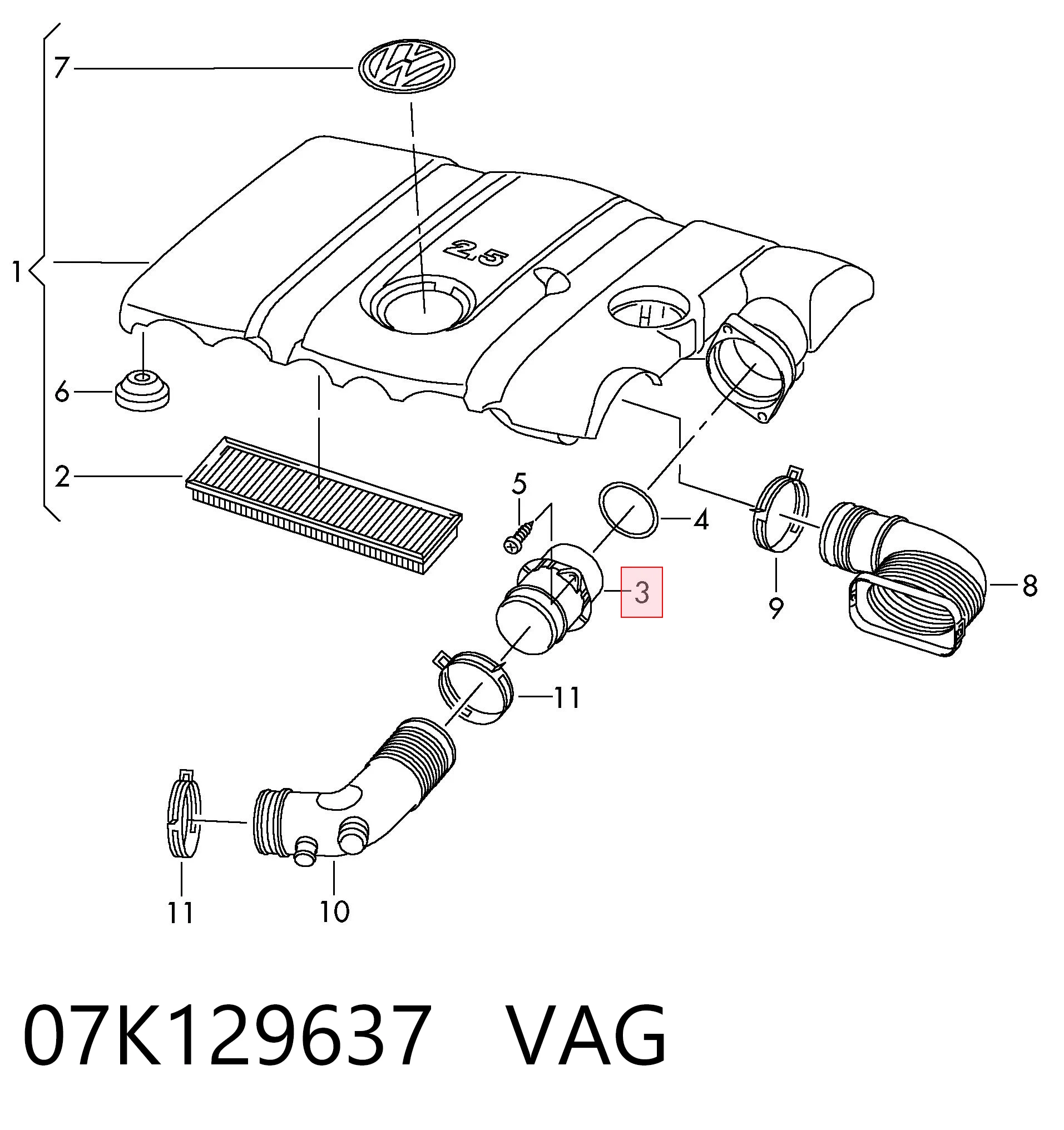 07K129637 VAG Sensor de fluxo (consumo) de ar, medidor de consumo M.A.F. - (Mass Airflow)