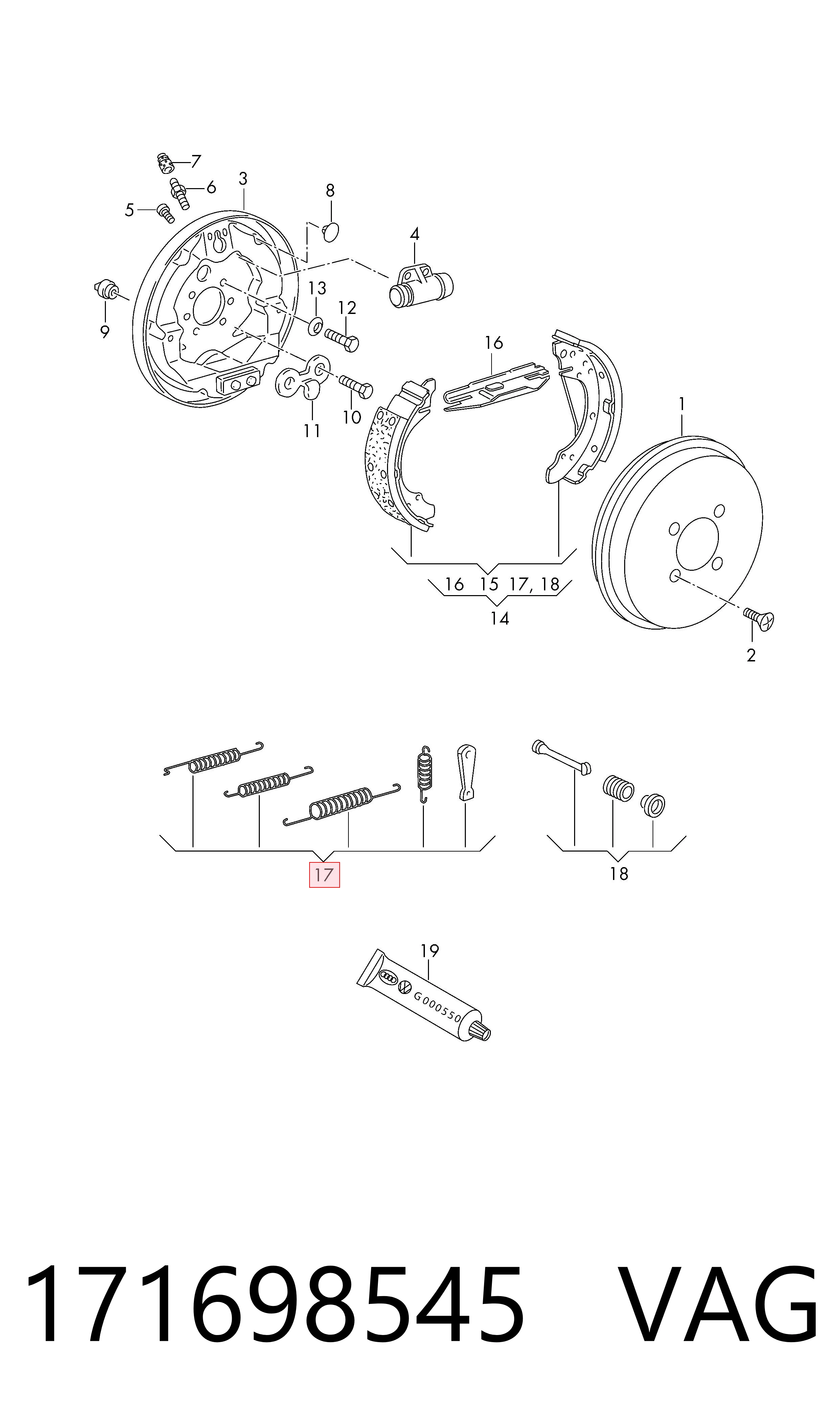 Kit de montagem das sapatas traseiras de tambor para Volkswagen Passat 32B