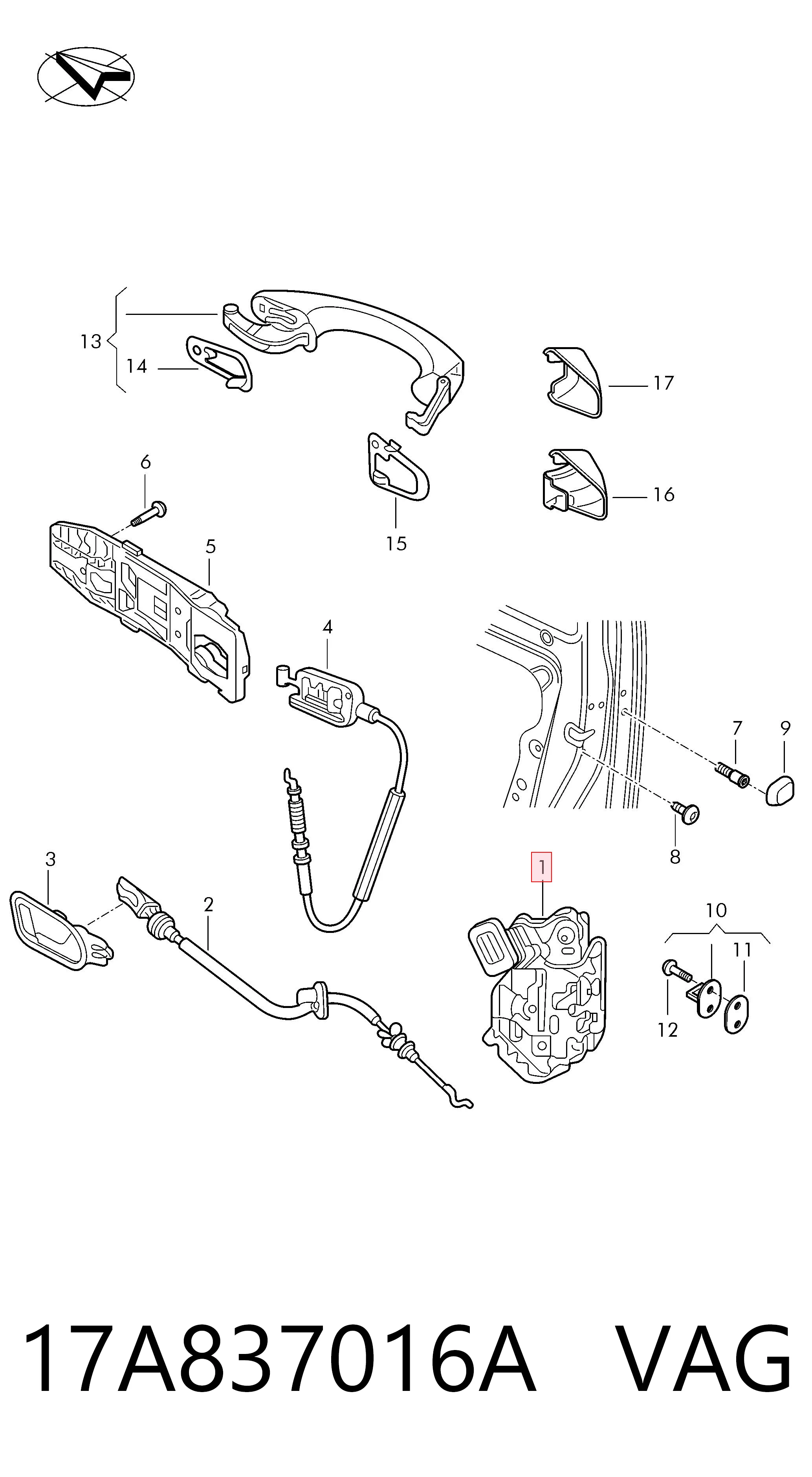 17A837016A VAG Fecho da porta dianteira direita