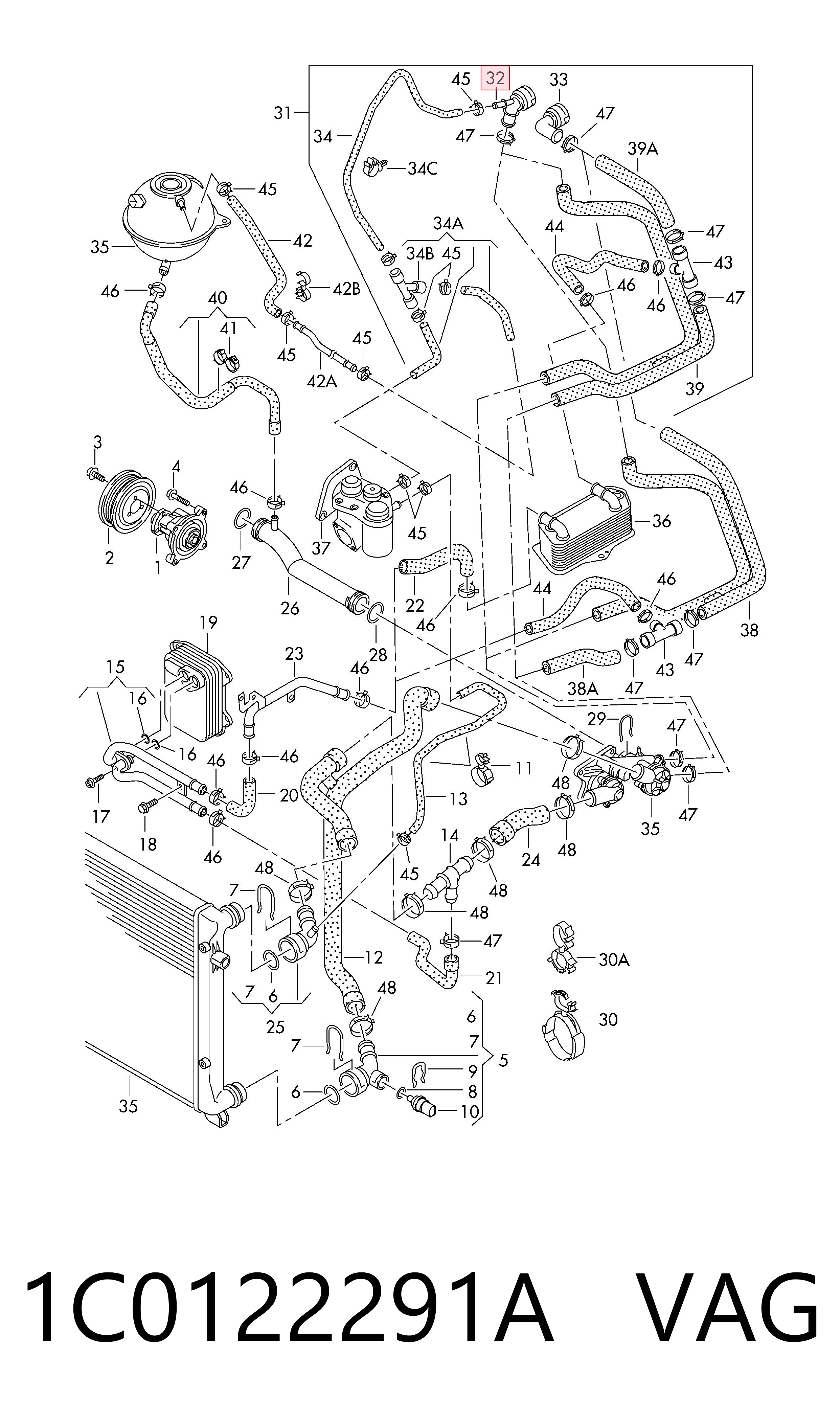 1C0122291A VAG Flange do sistema de esfriamento (união em T)