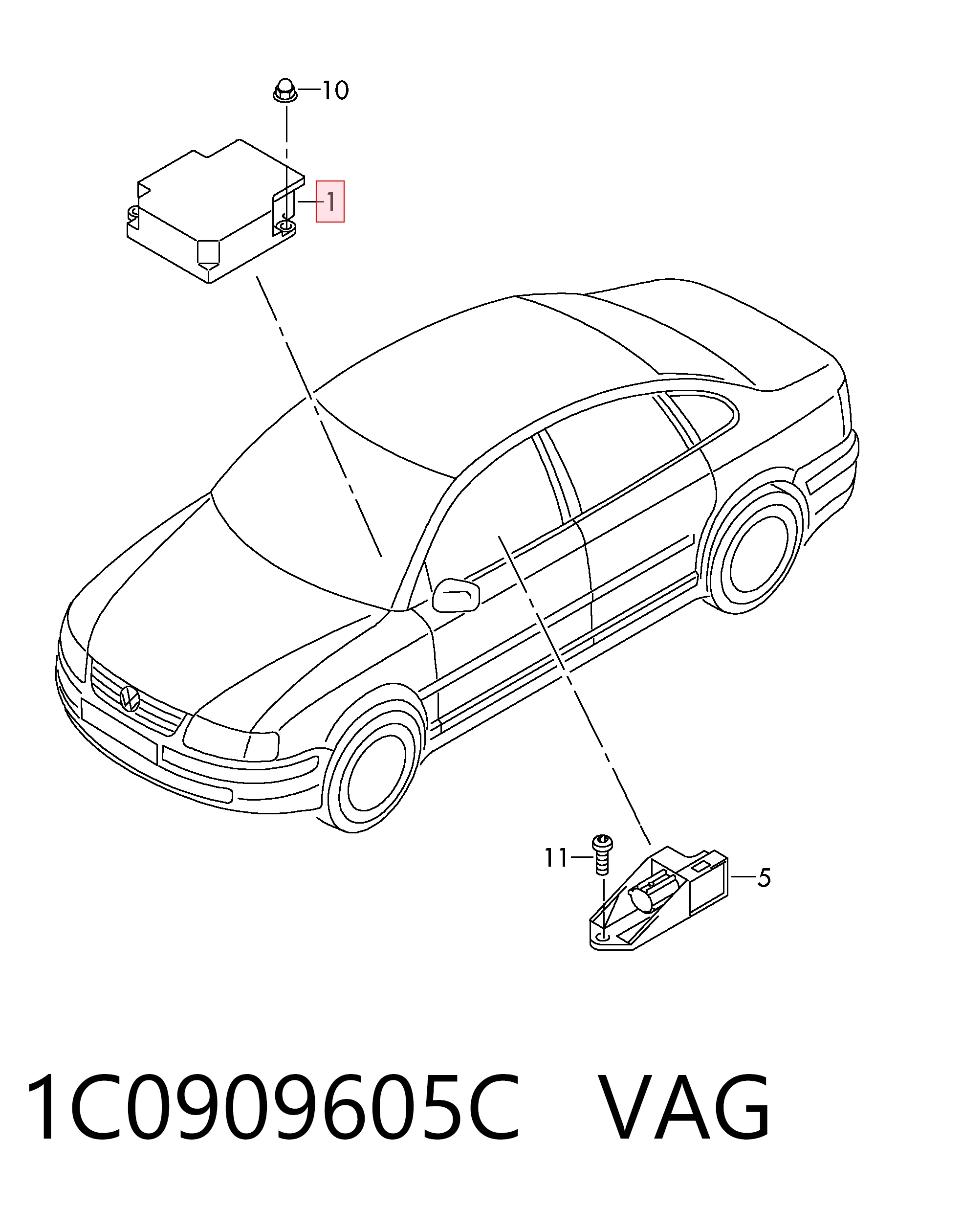 1C0909605C VAG Módulo processador de controlo da bolsa de ar (Centralina eletrônica AIRBAG)