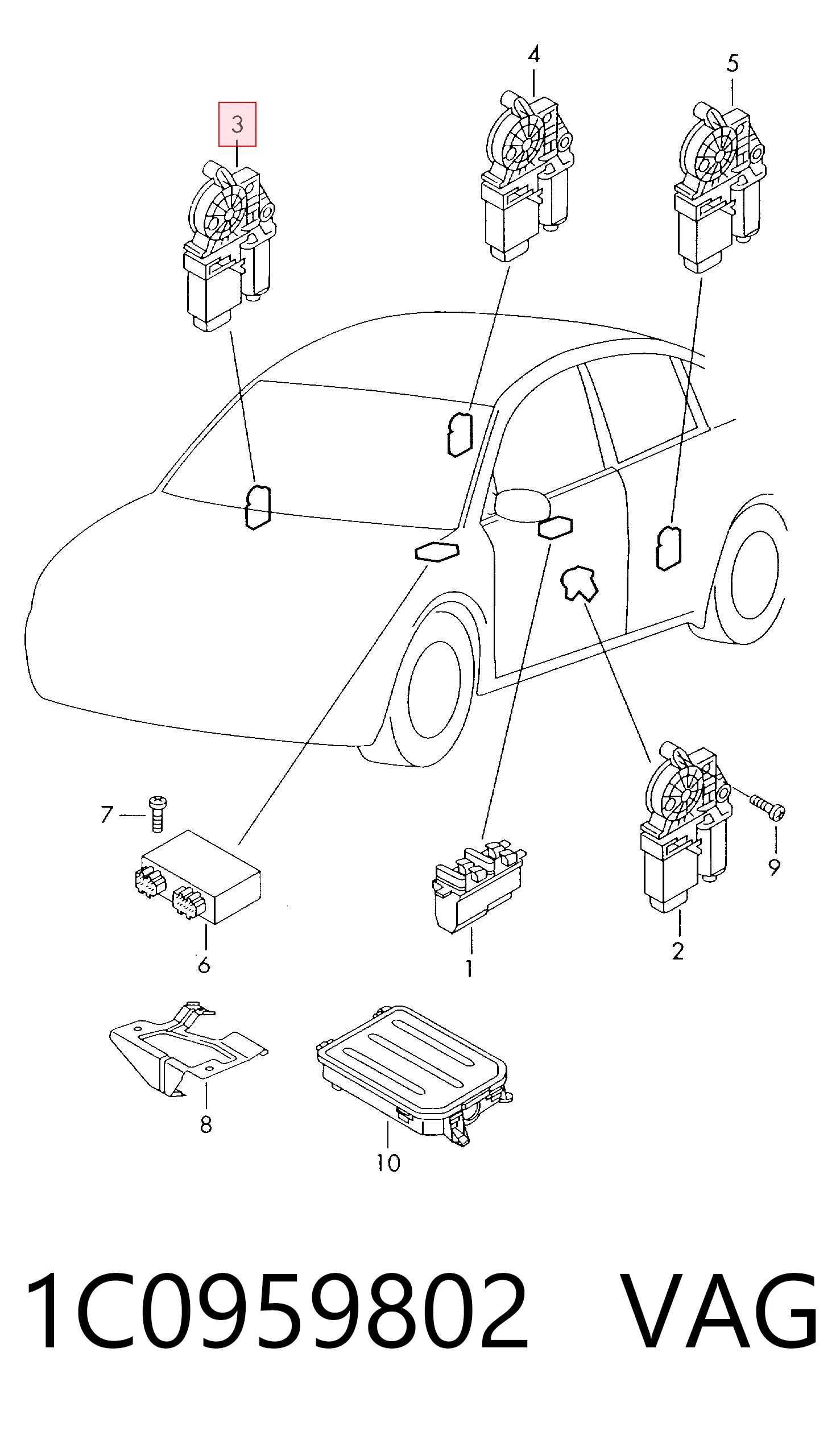 1C0959802 VAG Motor de acionamento de vidro da porta dianteira direita