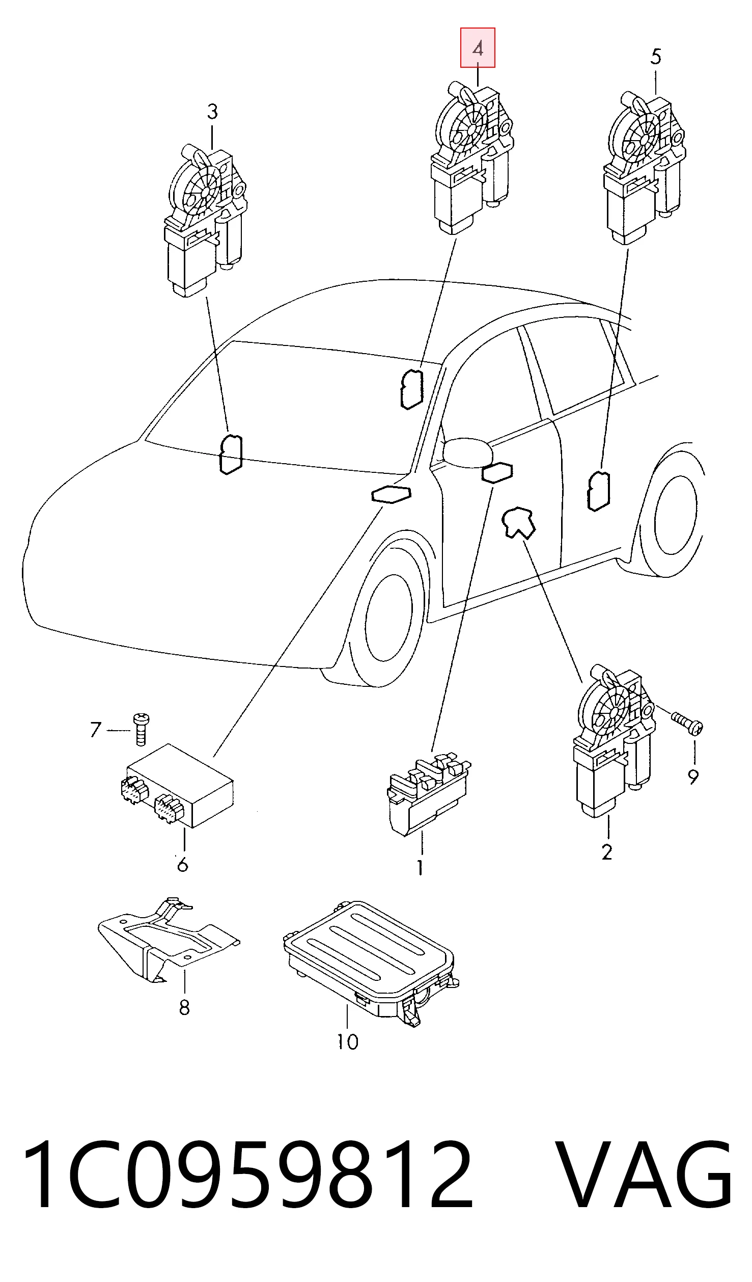 1C0959812 VAG Motor de acionamento de vidro da porta traseira direita