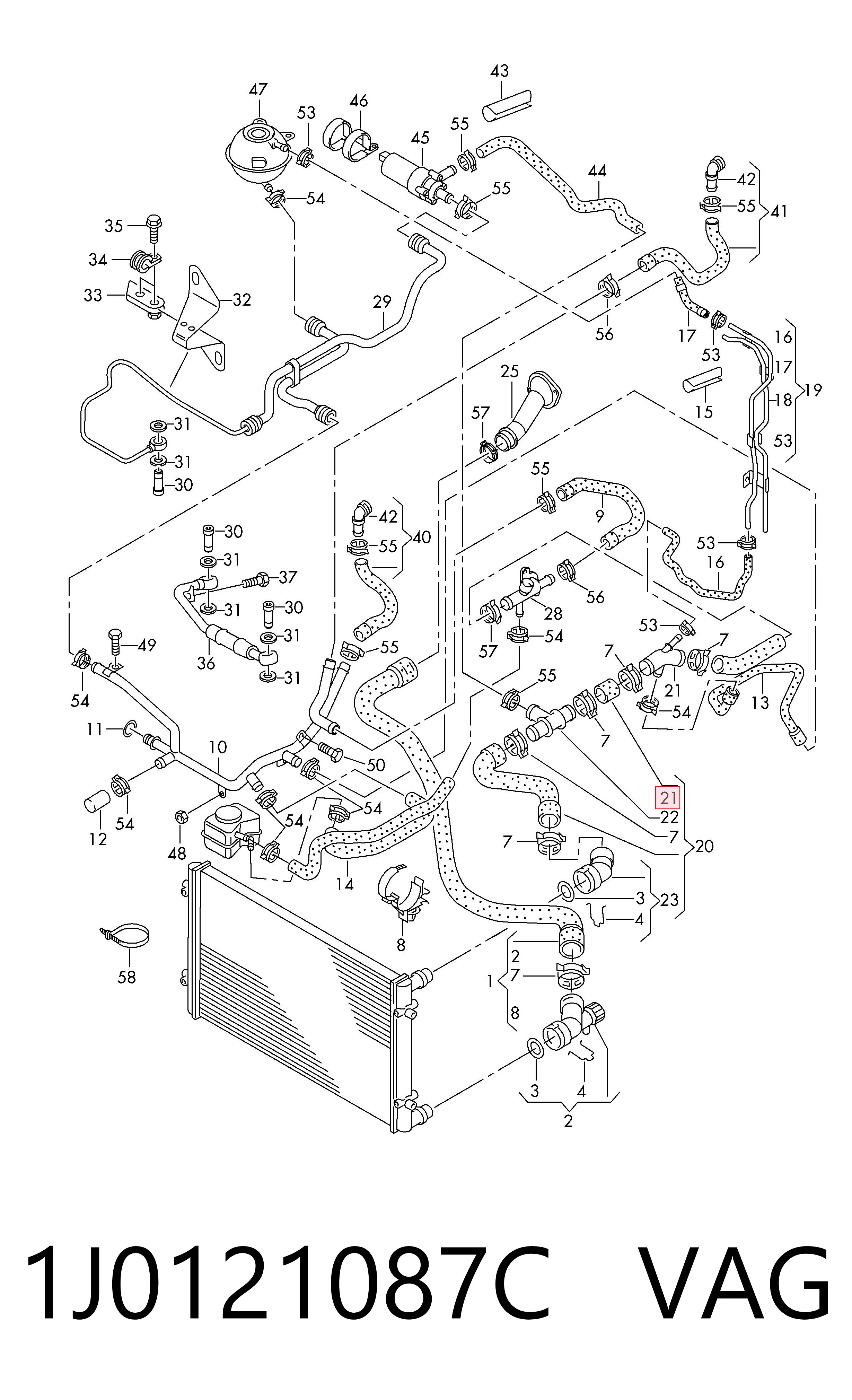 1J0121087C VAG Flange do sistema de esfriamento (união em T)