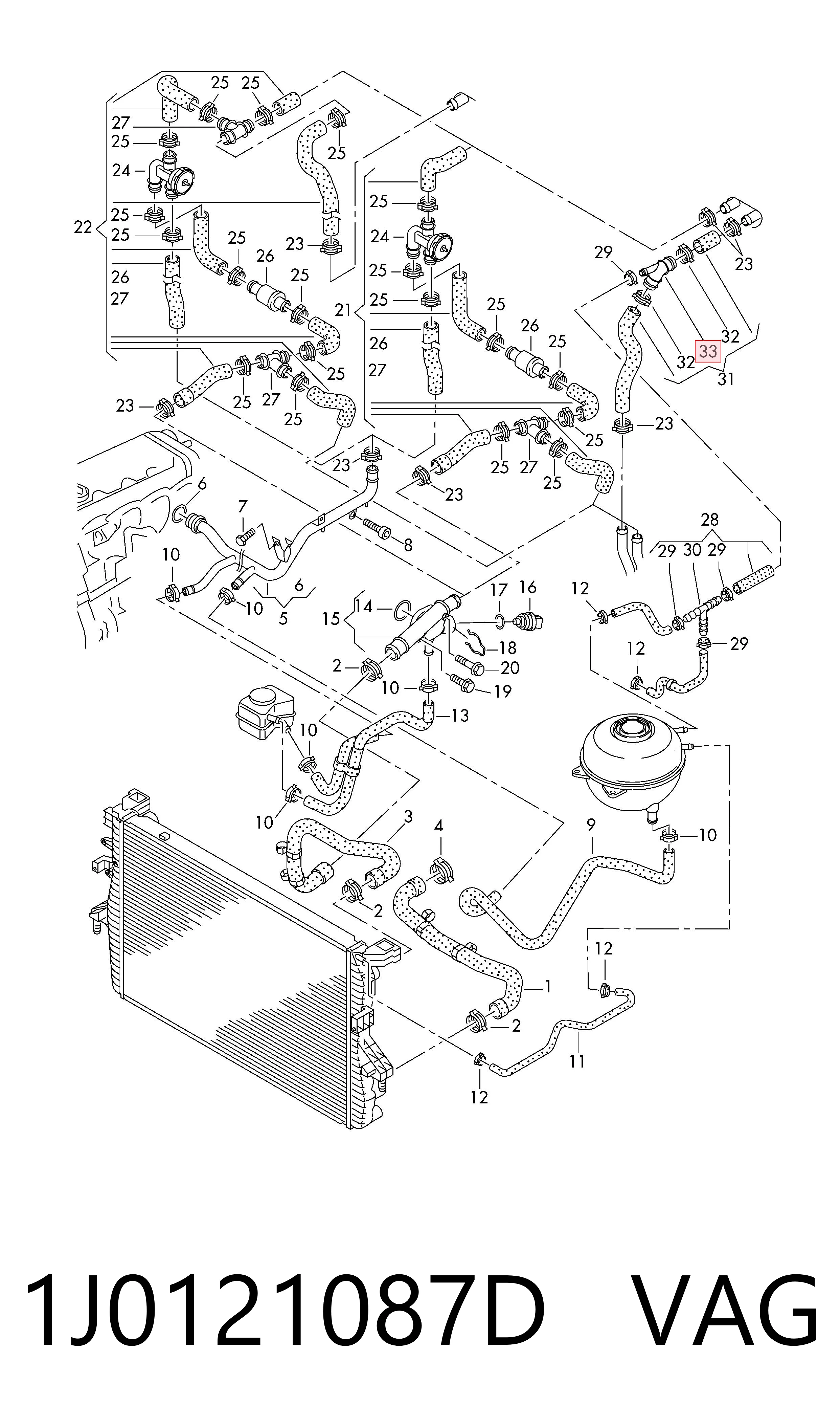 1J0121087D VAG Flange do sistema de esfriamento (união em T)