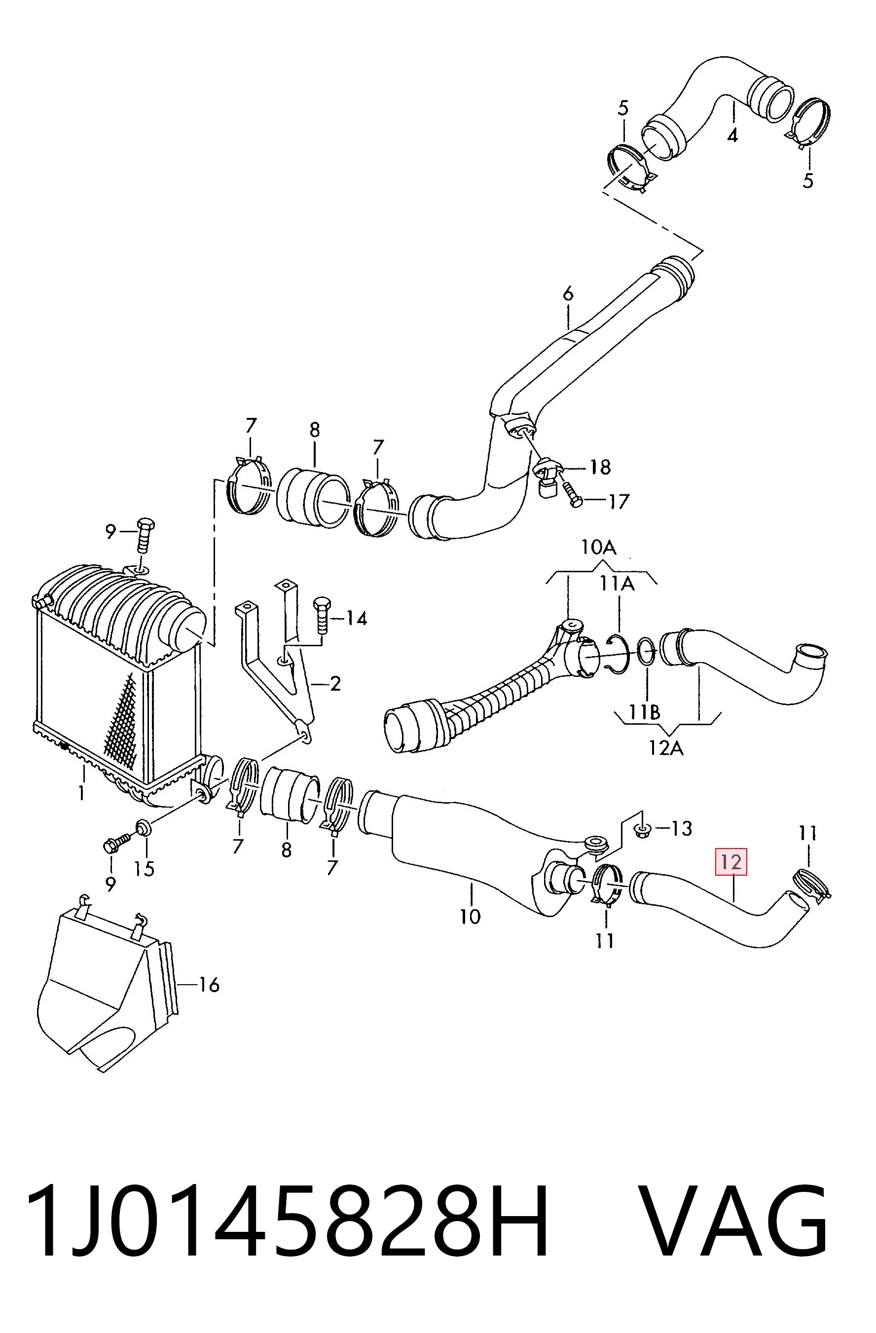 1J0145828H VAG Cano derivado de ar, da válvula de borboleta