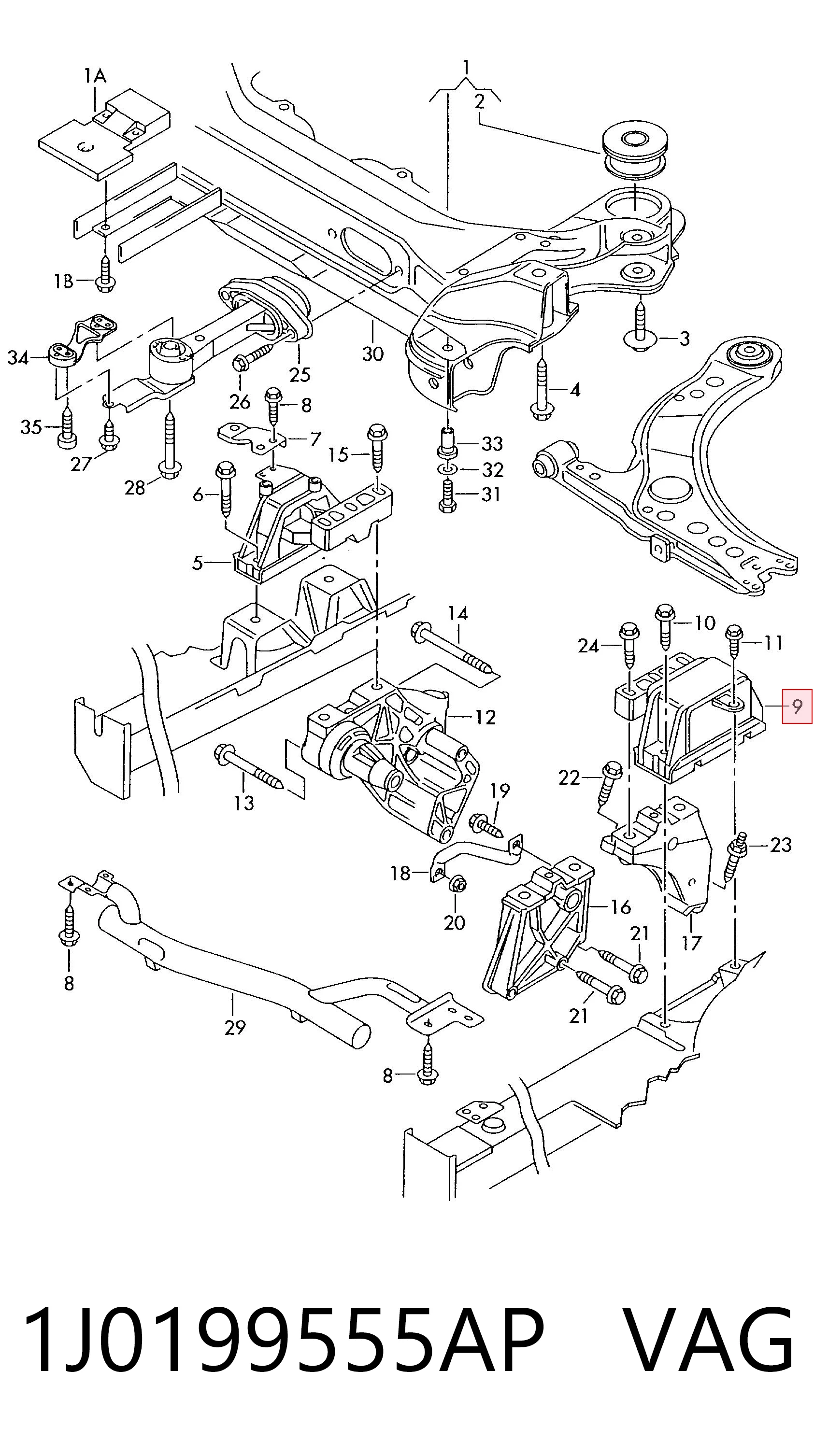 1J0199555AP VAG Coxim (suporte) esquerdo de motor