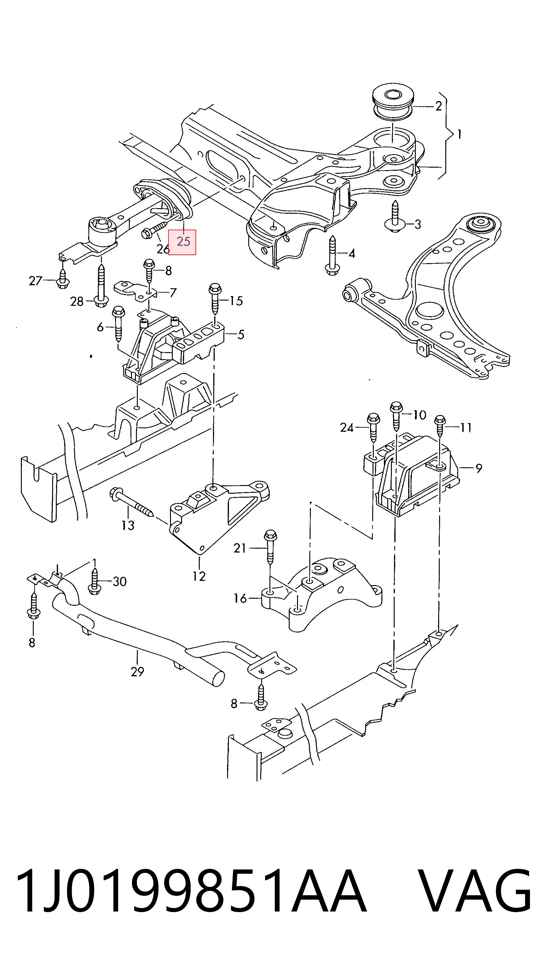 1J0199851AA VAG Coxim (suporte) traseiro de motor