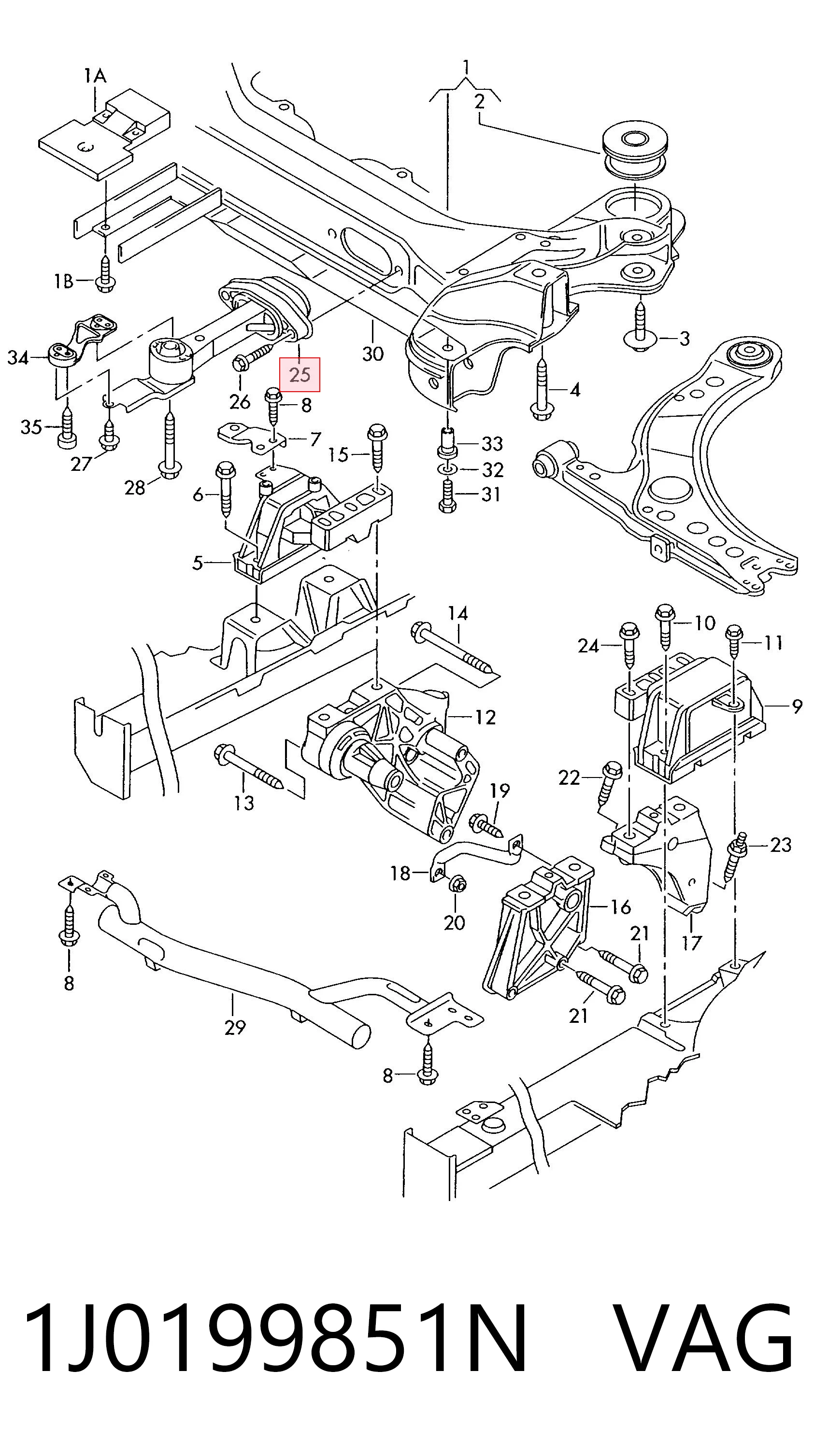 1J0199851N VAG Coxim (suporte) traseiro de motor