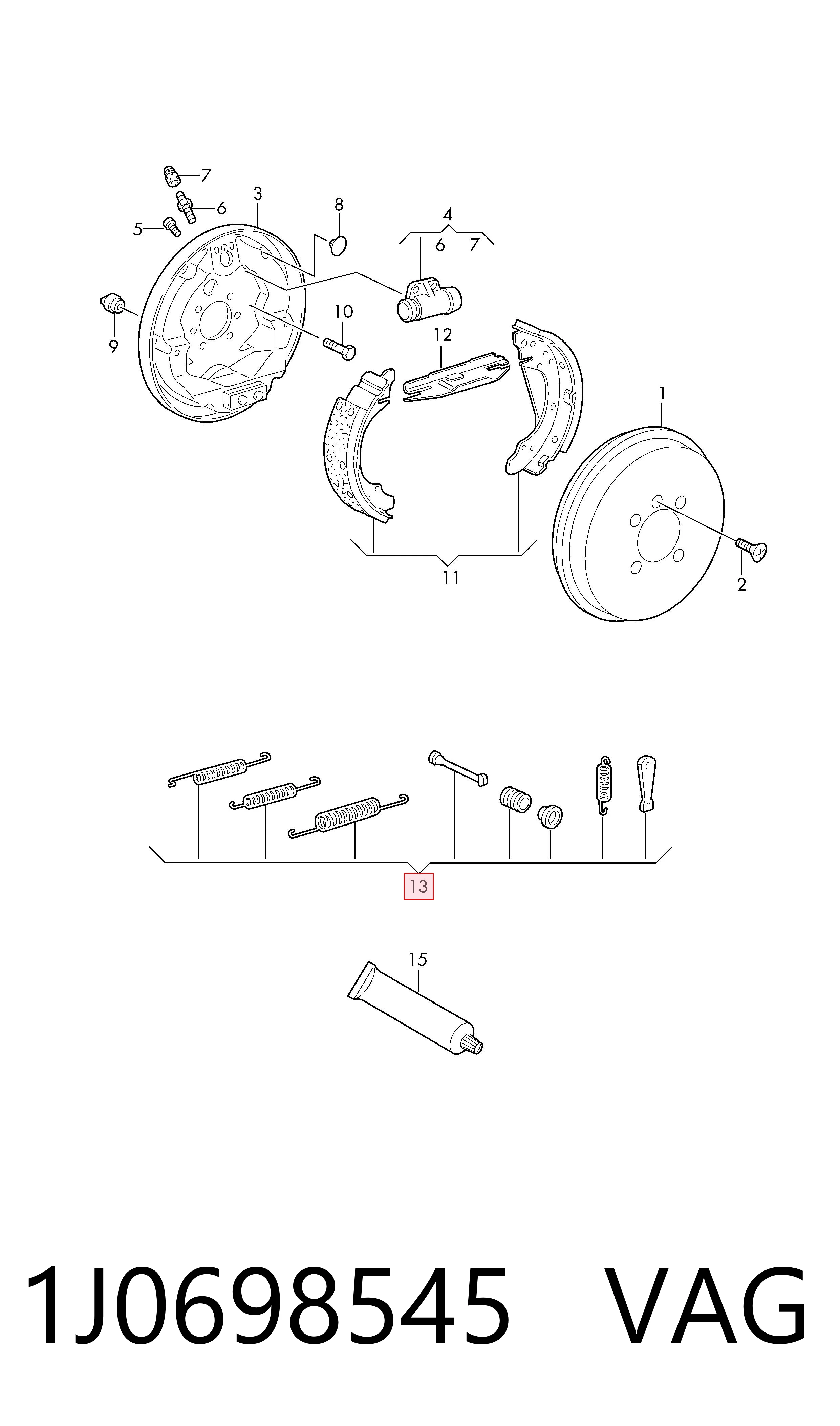 1J0698545 VAG Kit de montagem das sapatas traseiras de tambor