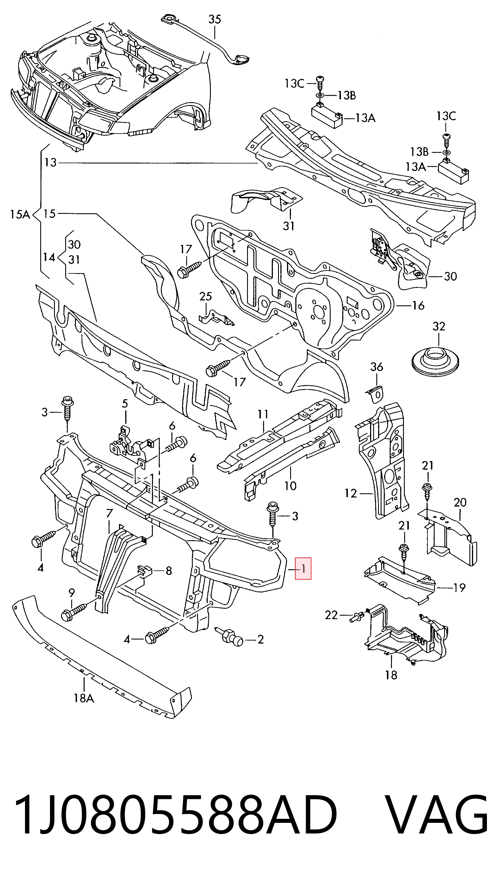  Suporte do radiador montado (painel de montagem de fixação das luzes) Volkswagen Golf IV carrinha (1J5) (1999 - 2006) IV