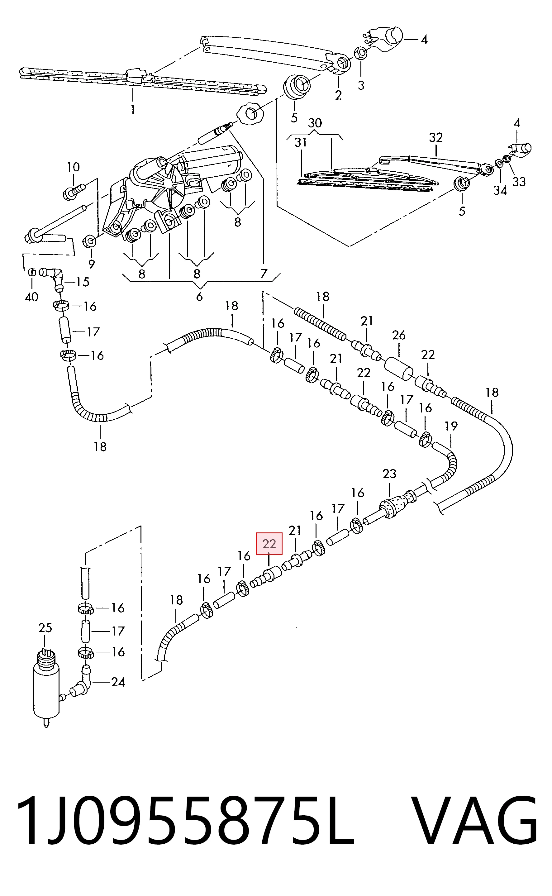 1J0955875L VAG Tubo de ligação de tubos de fluido para lavador