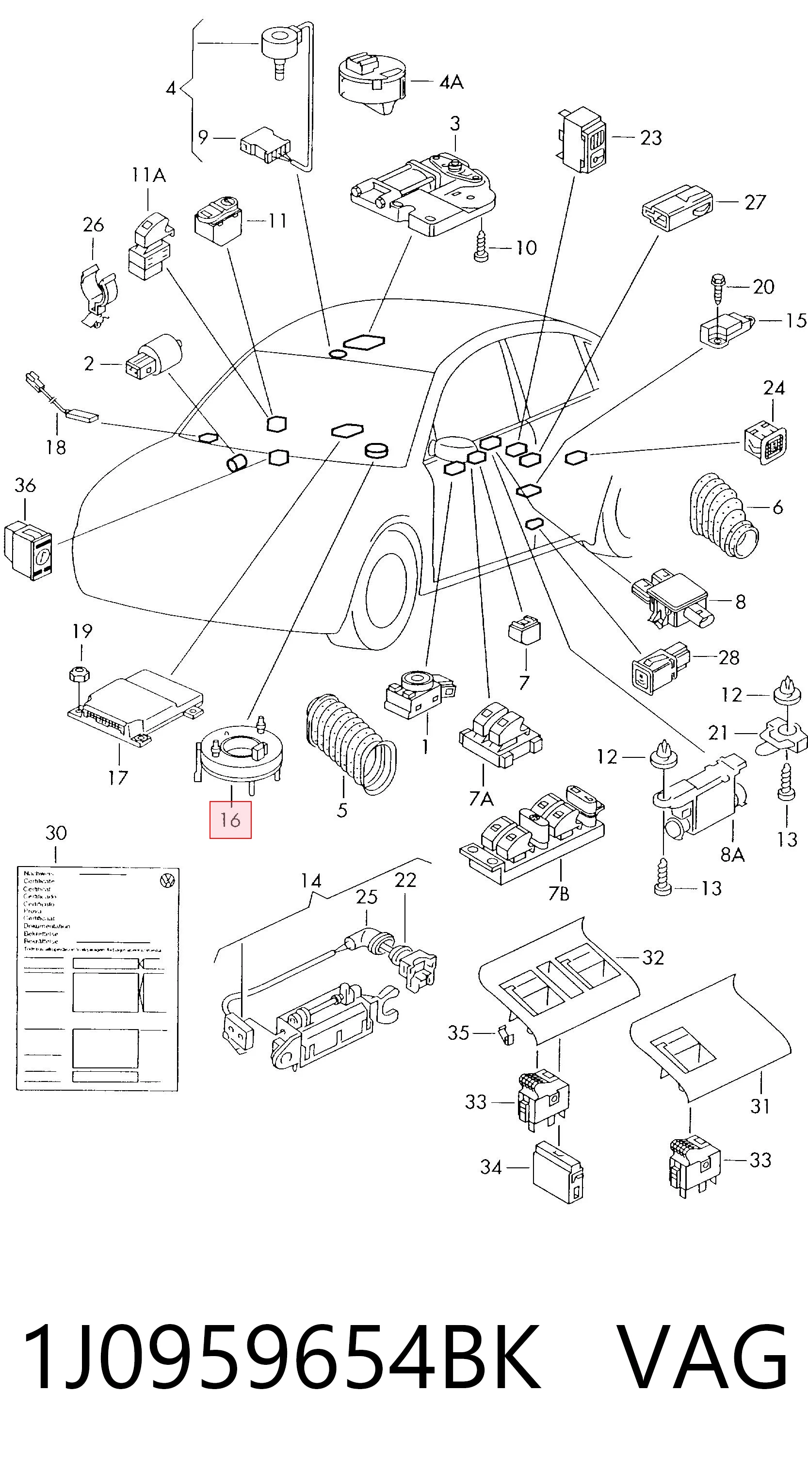 1J0959654BK VAG Anel AIRBAG de contato, cabo plano do volante