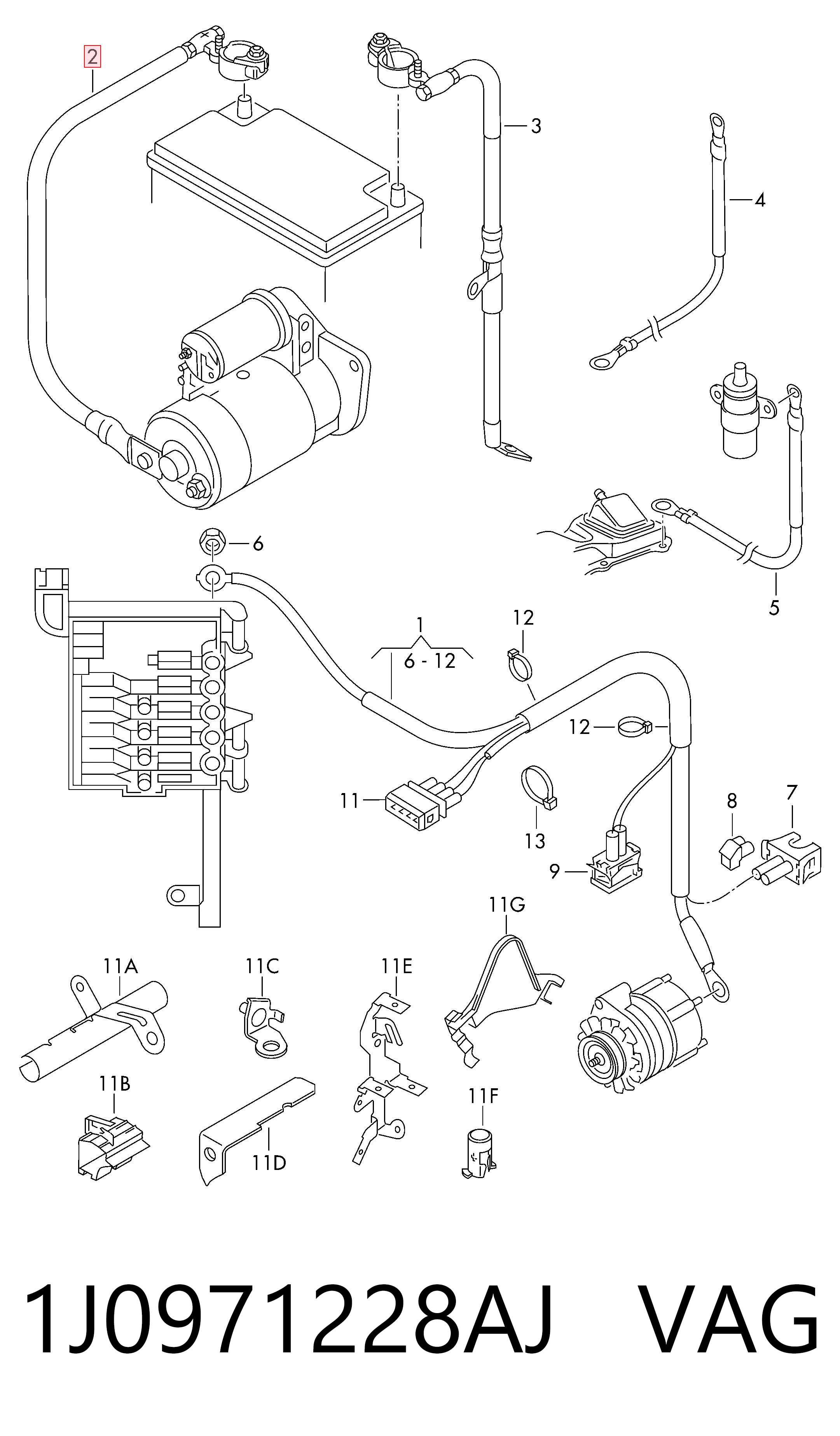 Cabo de borne positivo de bateria recarregável (PILHA) VAG 1J0971228AJ preço, a partir de 107,88 USD