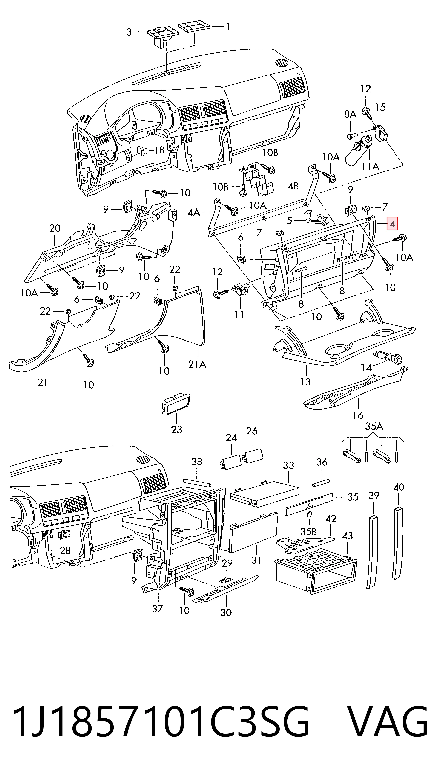 Caixa para porta-luvas (porta-luvas) para Volkswagen Golf 1J1