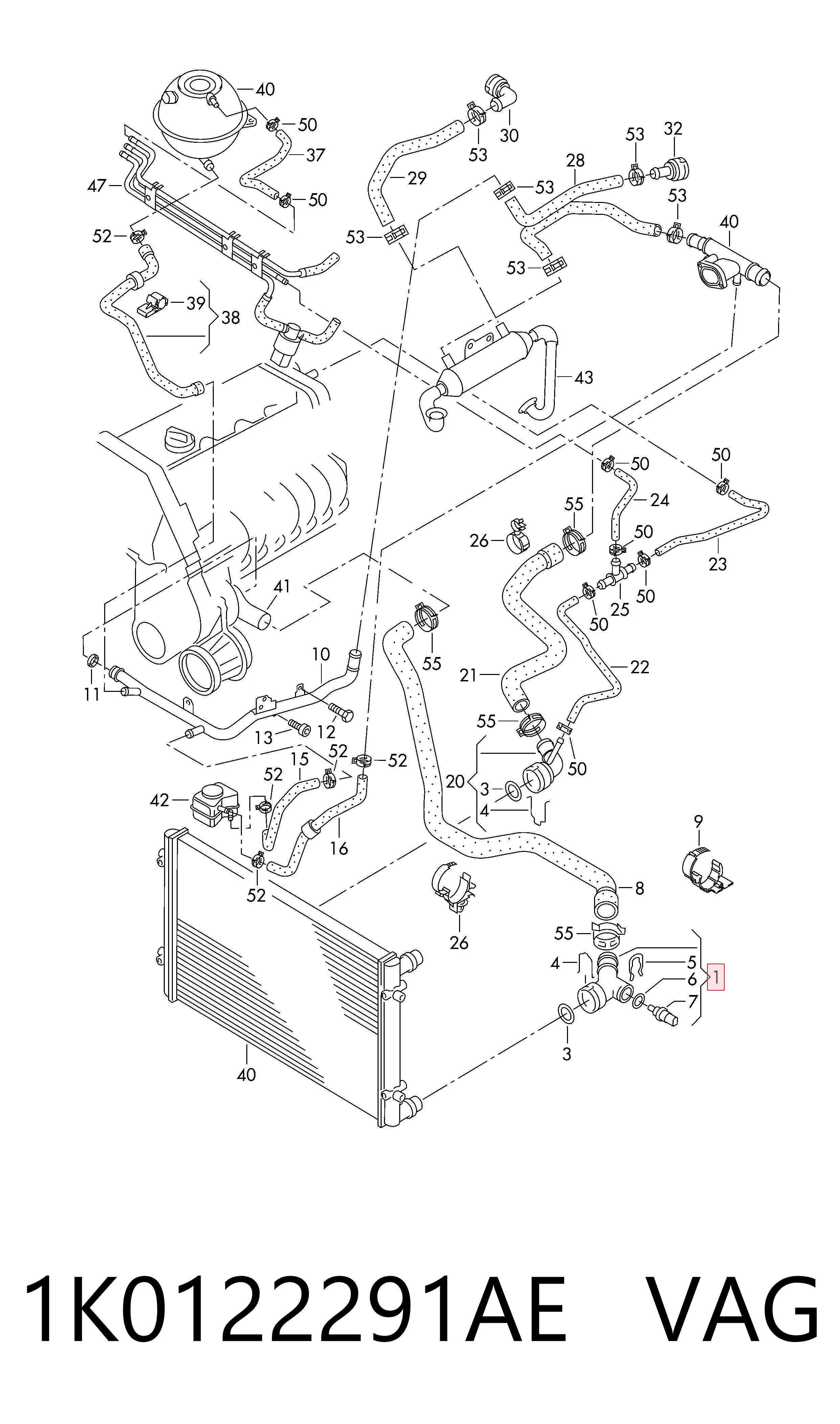 1K0122291AE VAG Flange do sistema de esfriamento (união em T)