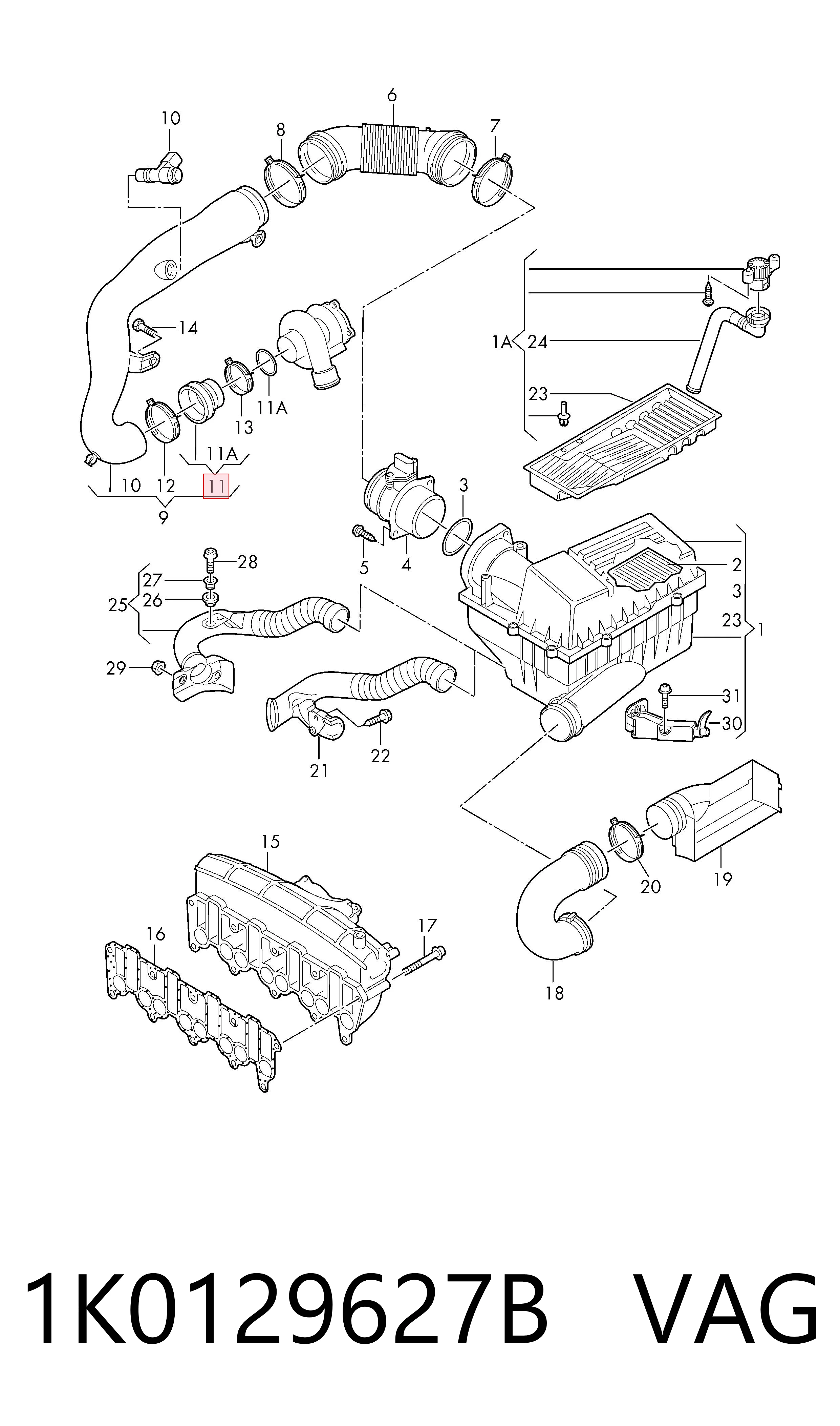 1K0129627B VAG Cano derivado de ar, entrada na turbina (supercompressão)