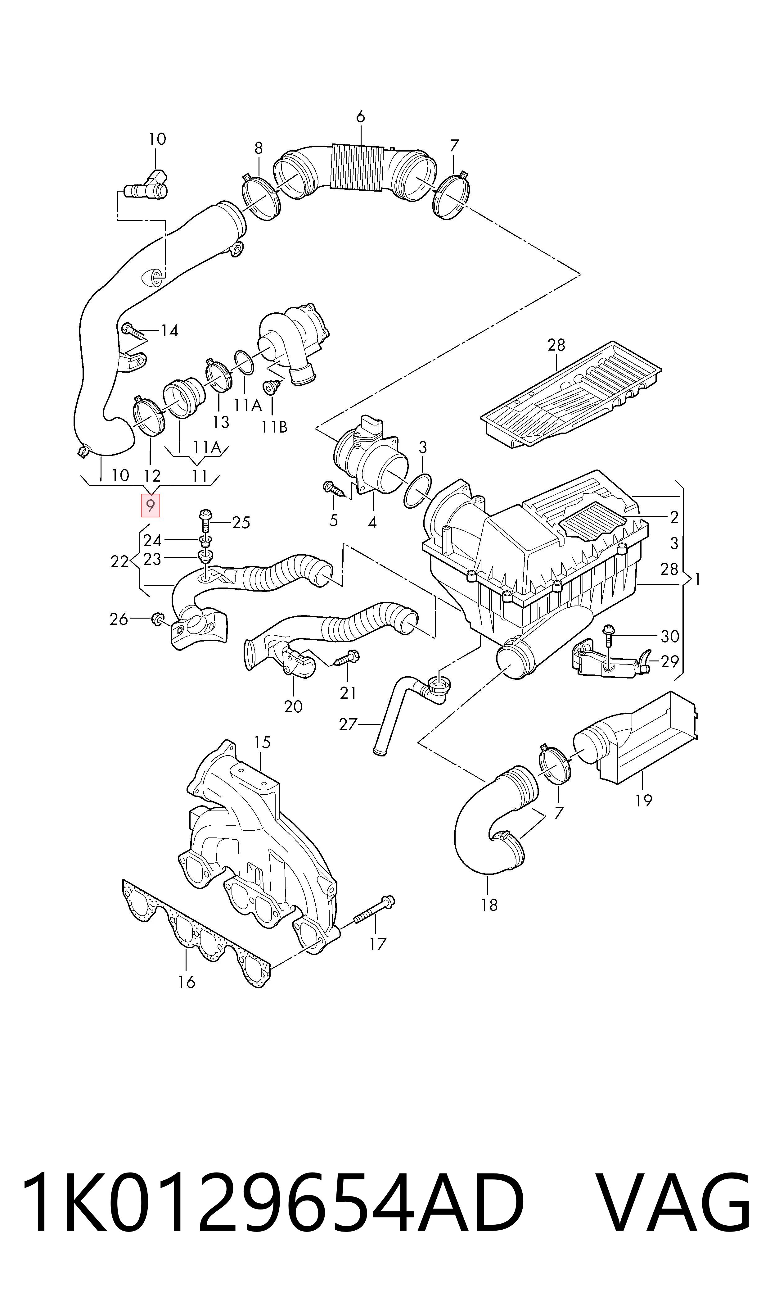 1K0129654AD VAG Cano derivado de ar, entrada na turbina (supercompressão)