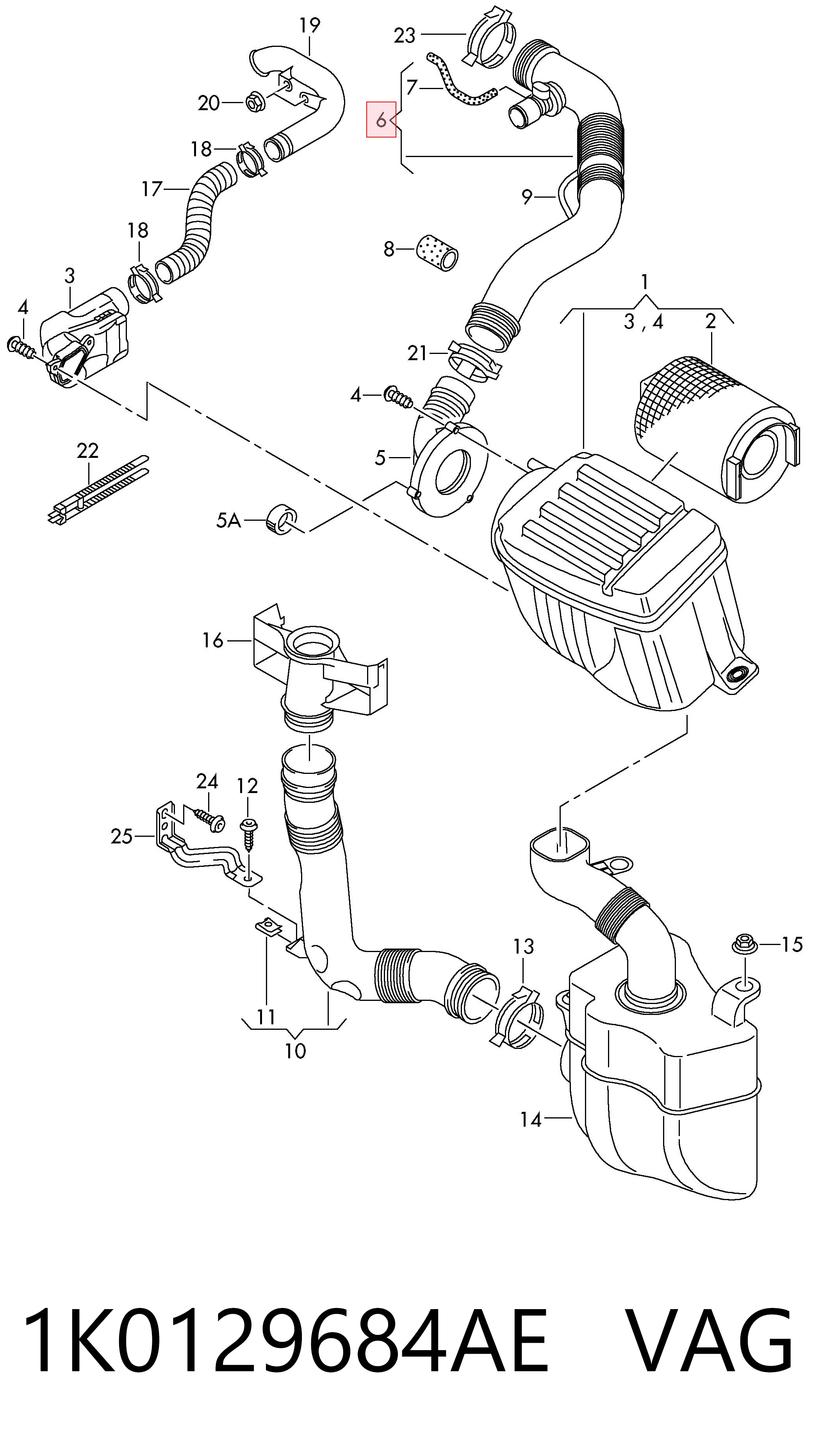 1K0129684AE VAG Cano derivado de ar, saída de filtro de ar