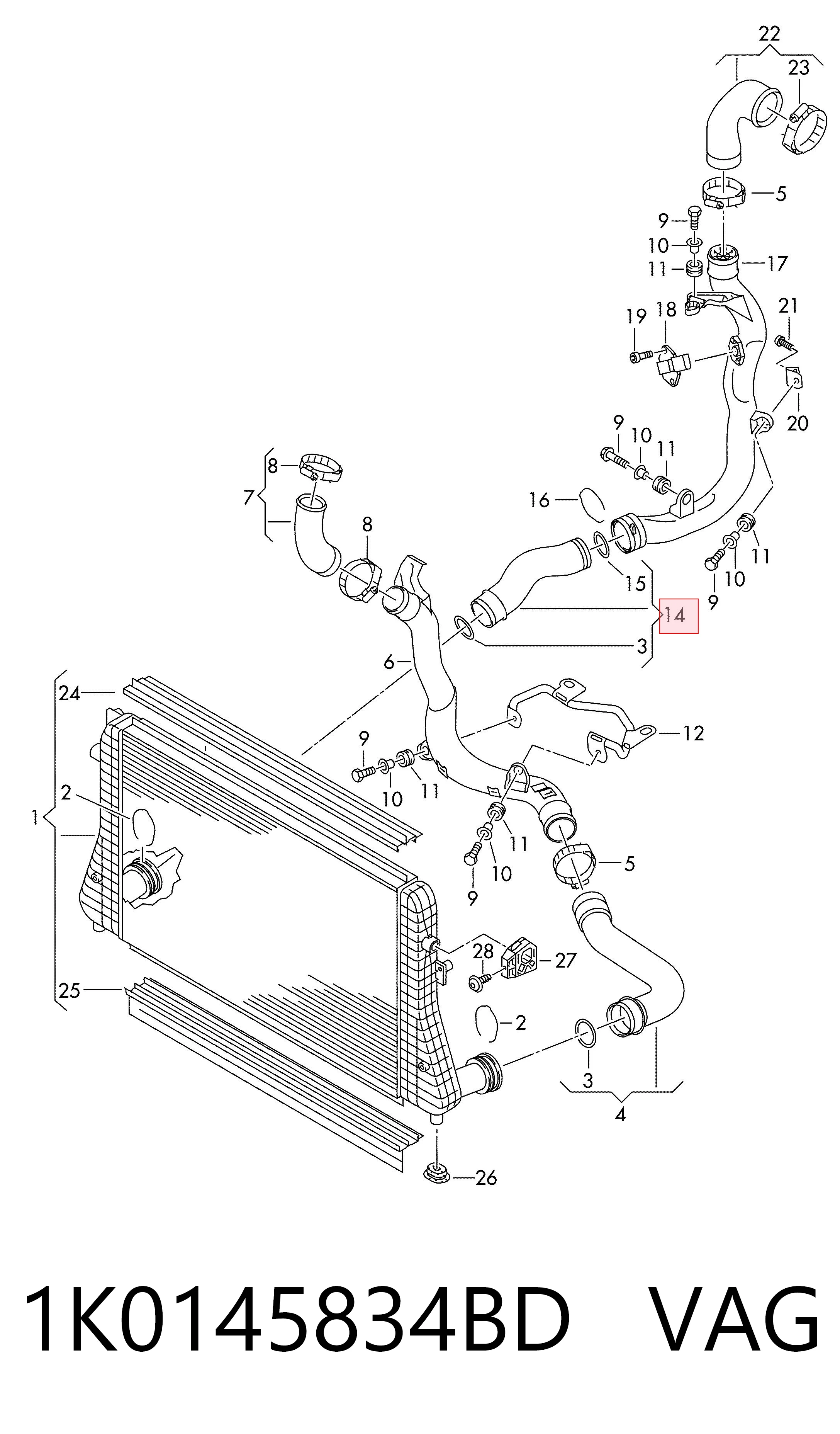 1K0145834BD VAG Mangueira (cano derivado) de intercooler