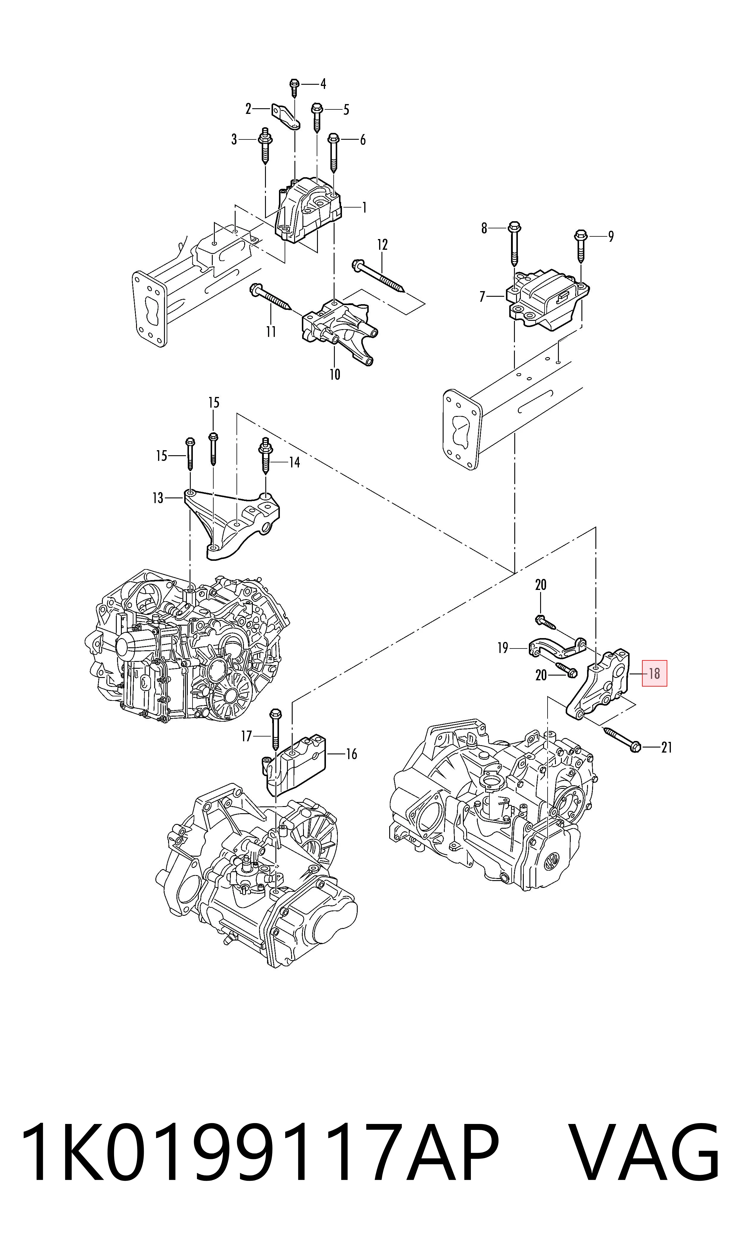 1K0199117AP VAG Consola de coxim (apoio) esquerda de motor
