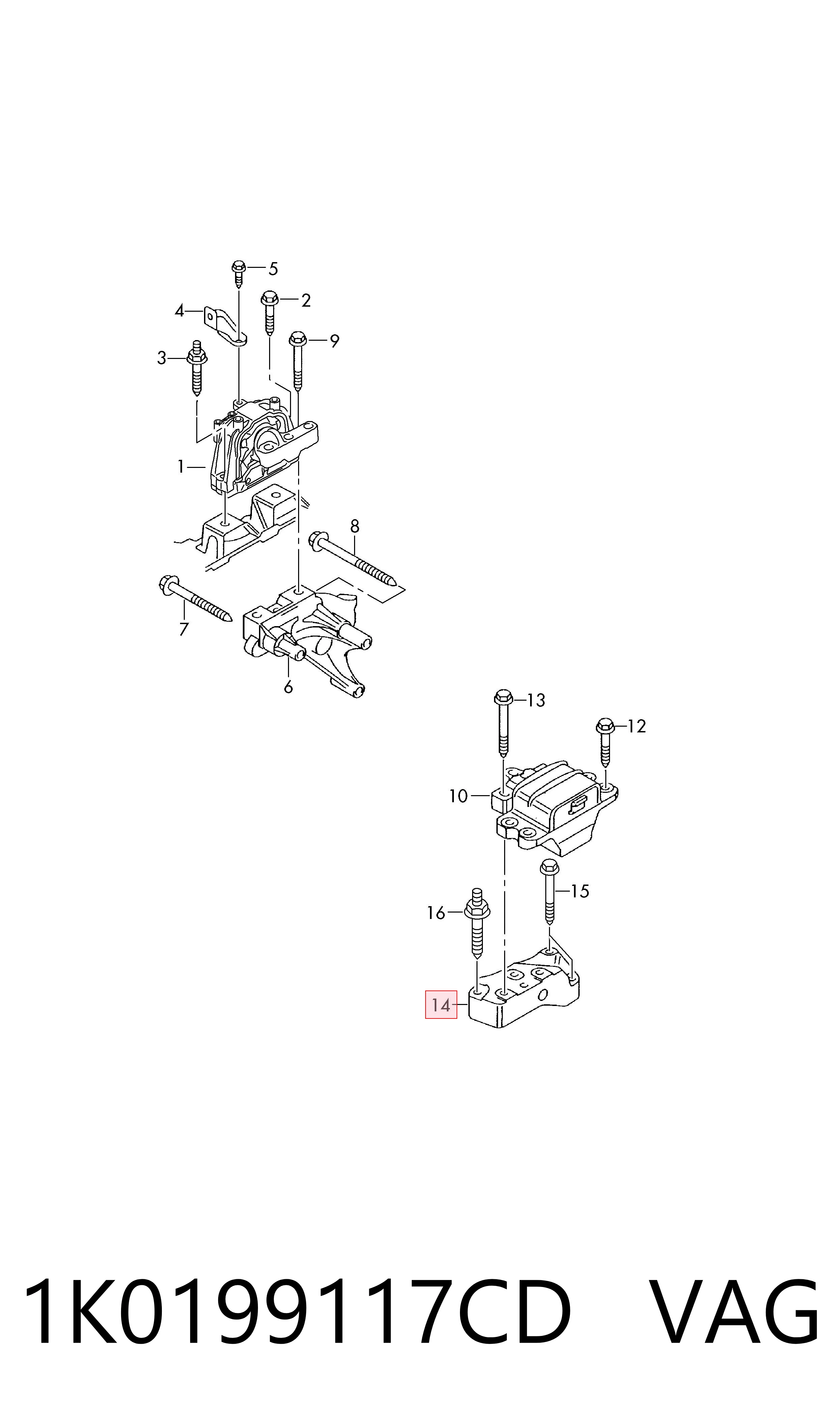 1K0199117CD VAG Coxim (suporte) traseiro de motor