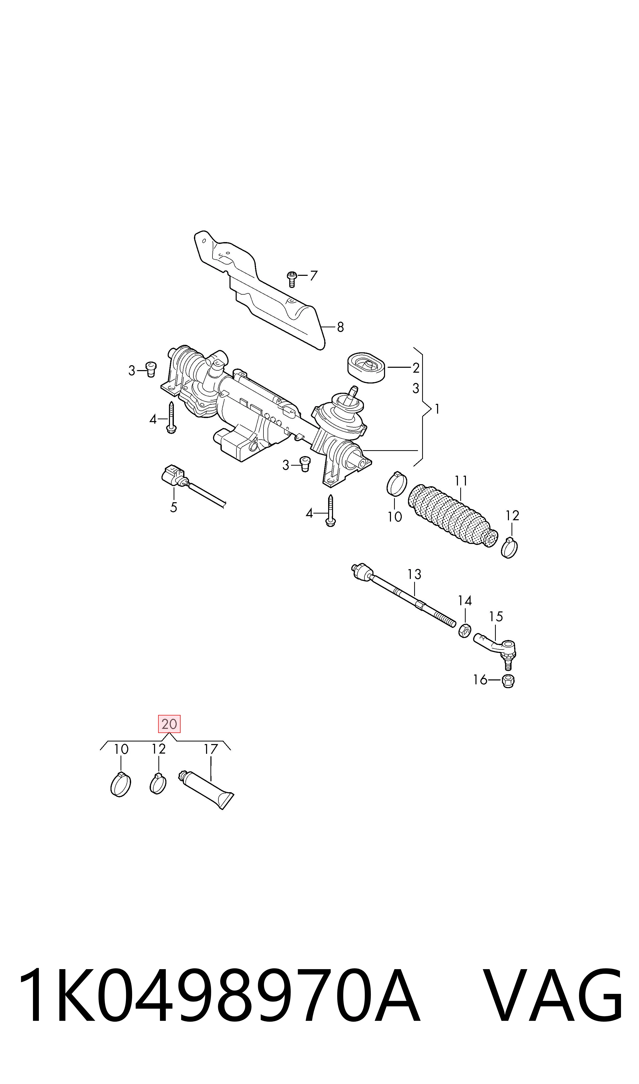 1K0498970A VAG Kit de reparação da cremalheira da direção (do mecanismo), (kit de vedantes)