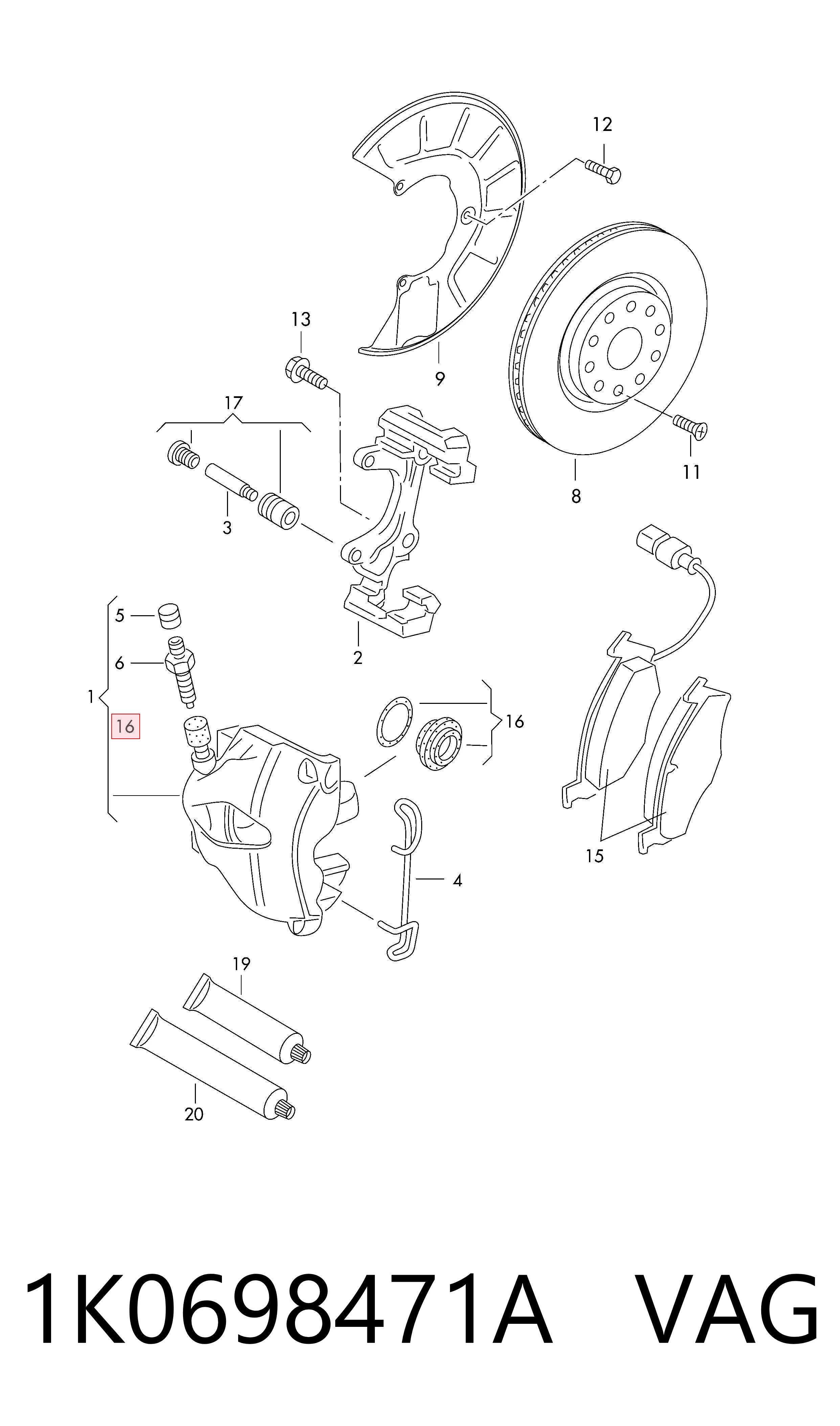 1K0698471A VAG Kit de reparação de suporte do freio dianteiro
