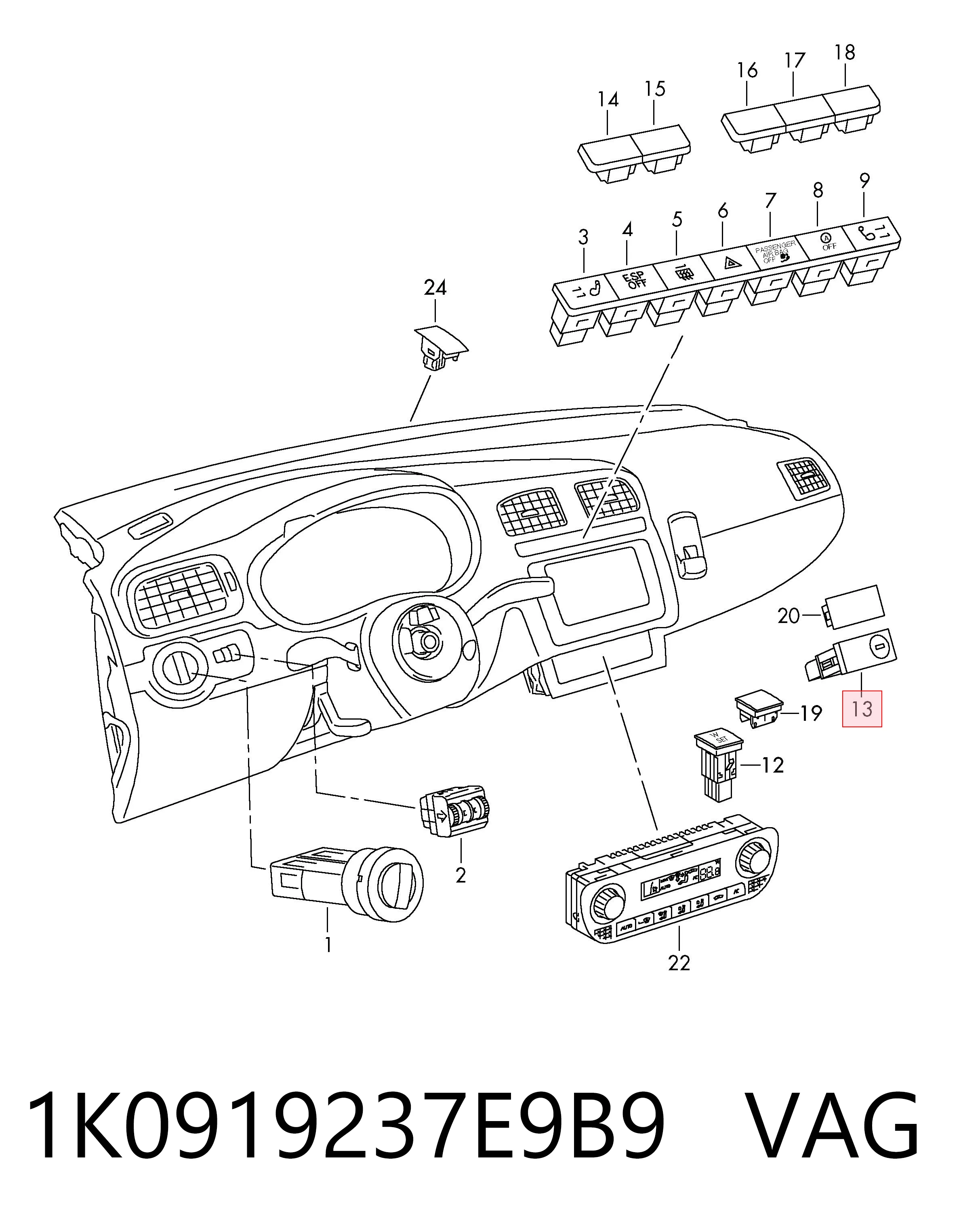 Fecho de desligação (desativação) de cinto de segurança de passageiro Porsche 1K0919237A
