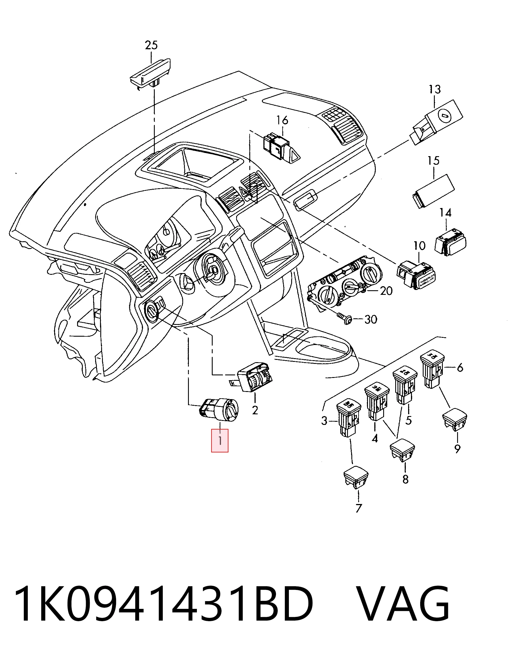 1K0941431BD VAG Comutador das luzes no "painel de instrumentos"