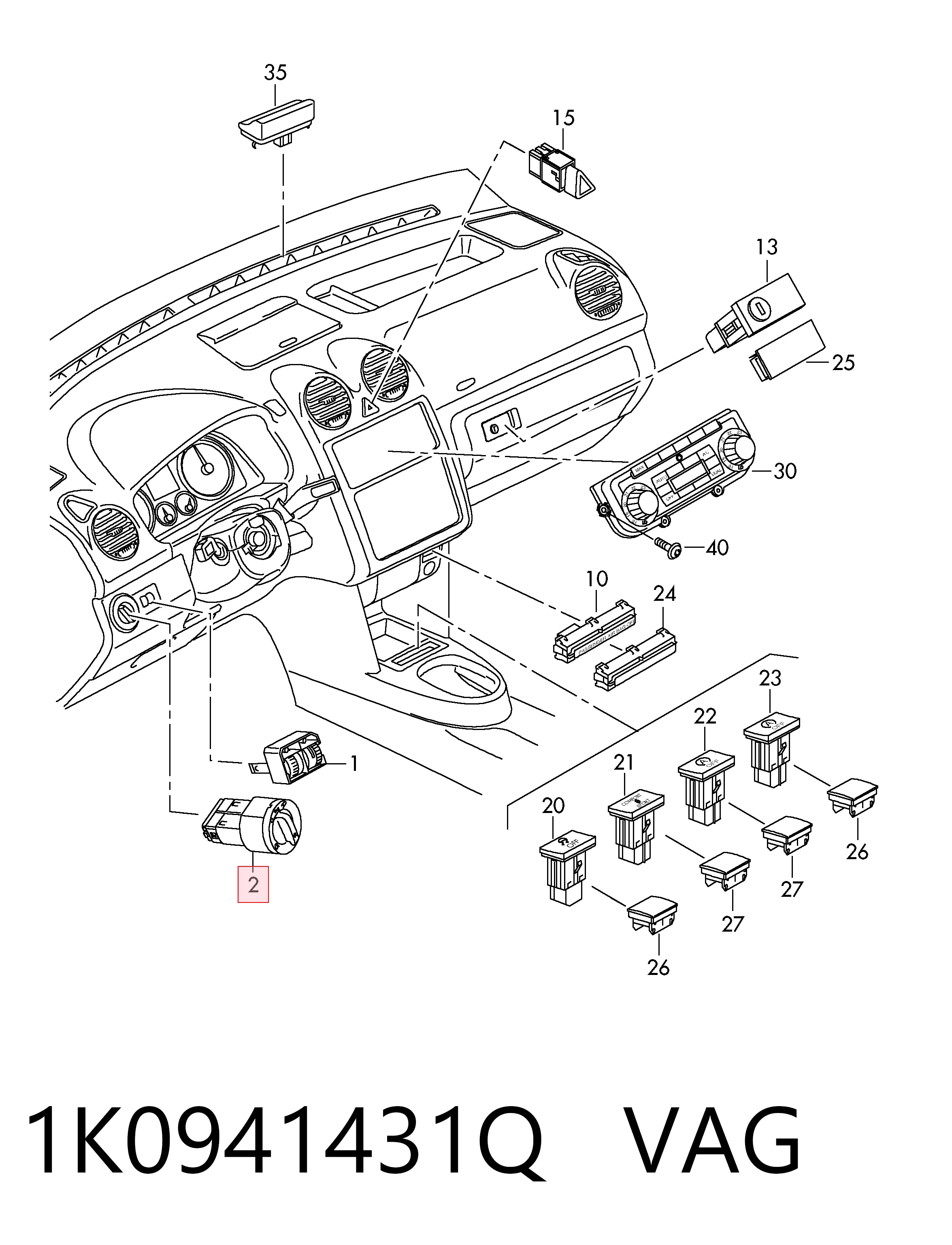 1K0941431Q VAG Comutador das luzes no "painel de instrumentos"